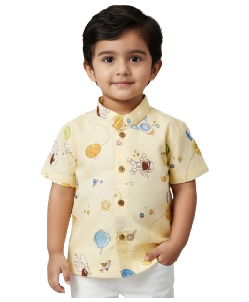 Snowflakes Cotton Woven Half Sleeves Space Theme Printed Shirt - Yellow-image-1