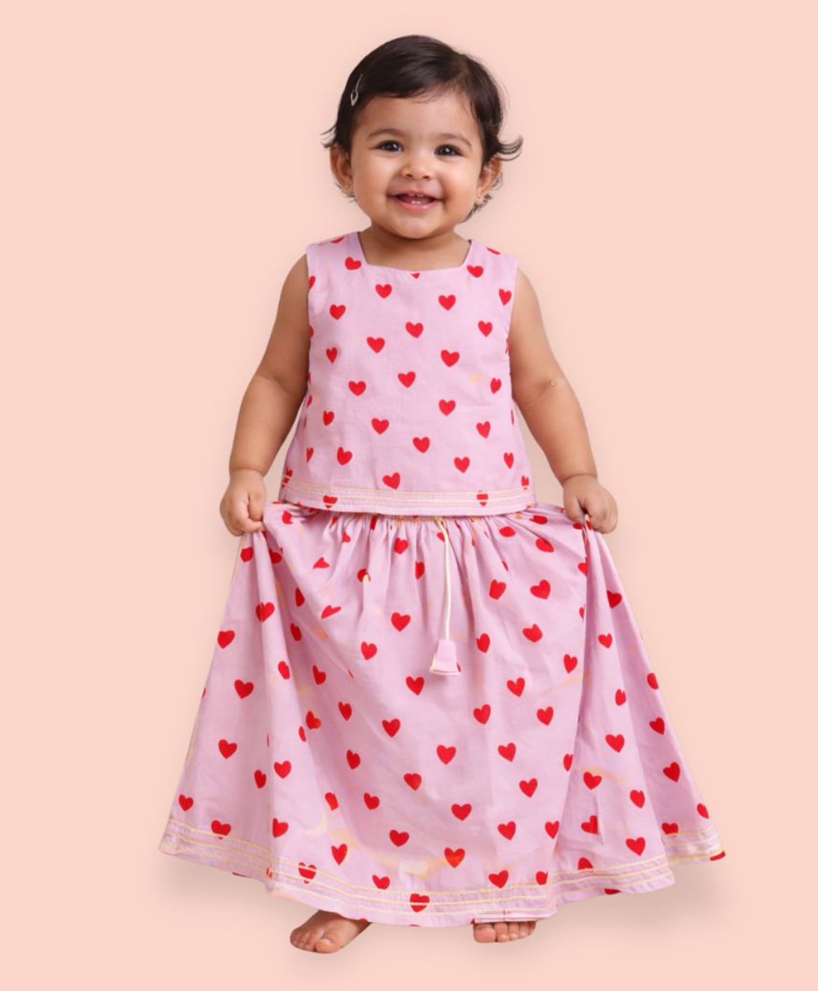 Mama & Peaches Cotton Woven Sleeveless Hearts Printed Coordinating Lehenga Choli Set - Purple-image-7