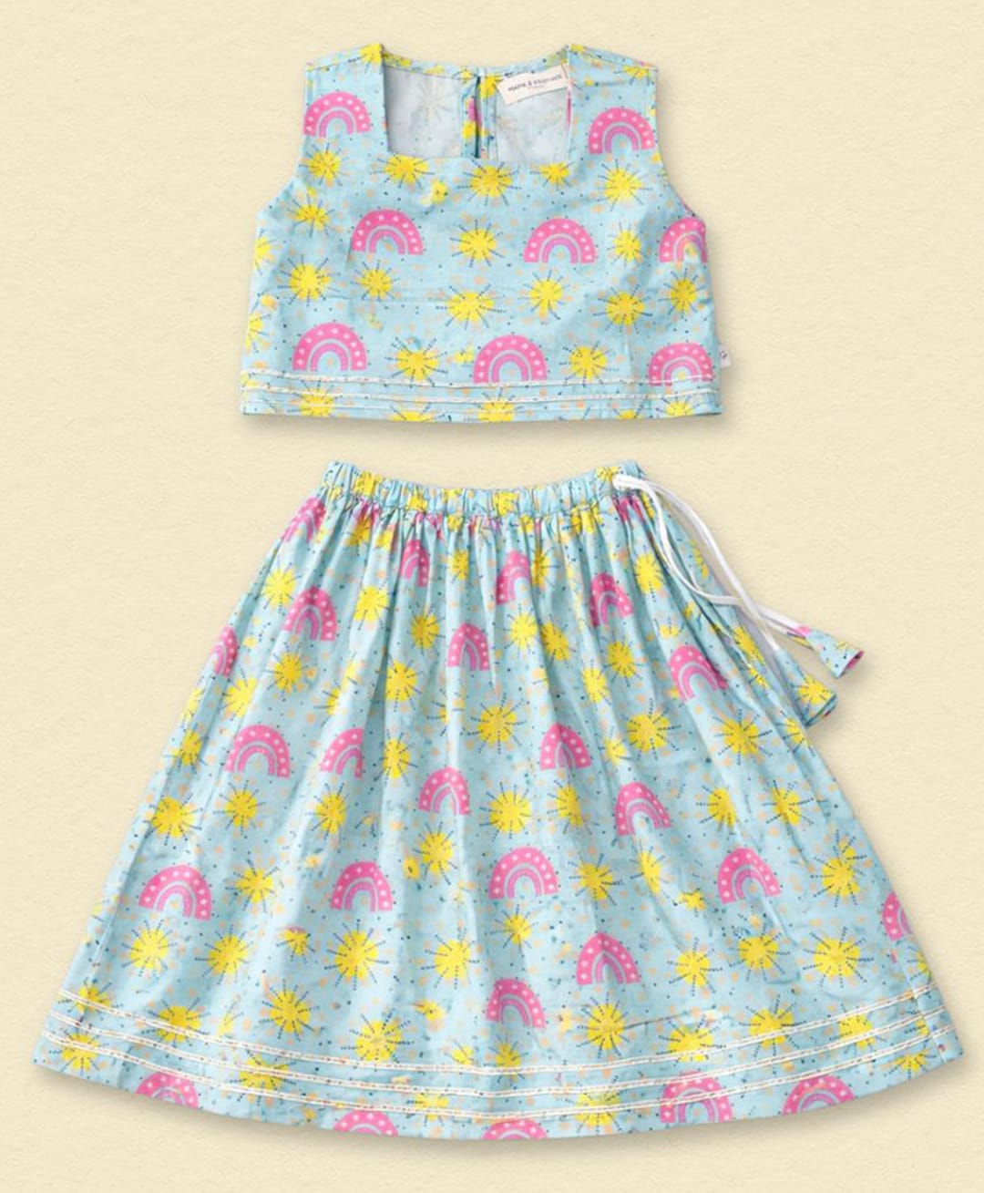 Mama & Peaches Cotton Woven Sleeveless Fireworks & Rainbows Printed Coordinating Lehenga Choli Set - Blue-image-38