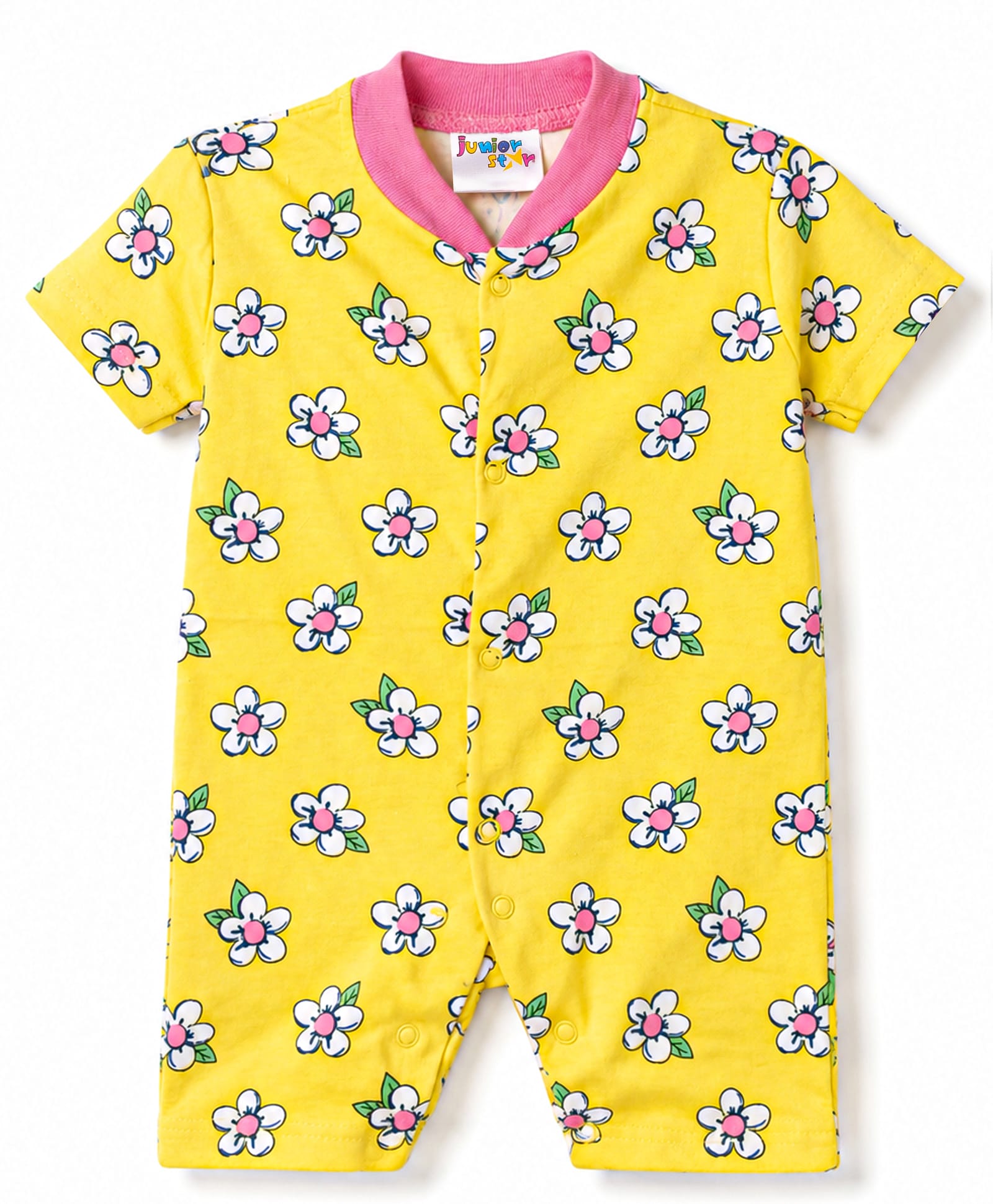 Junior Star Half Sleeves Floral Printed Romper - Yellow-image-0
