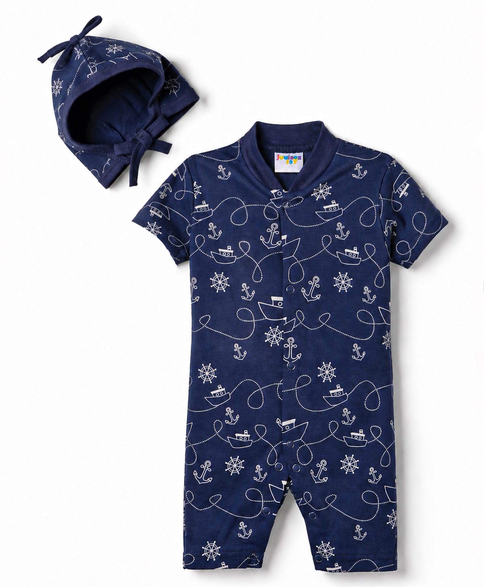 Junior Star Half Sleeves Nautical Theme Printed Coordinating Romper & Ear Applique Detailed Cap - Blue-image-9