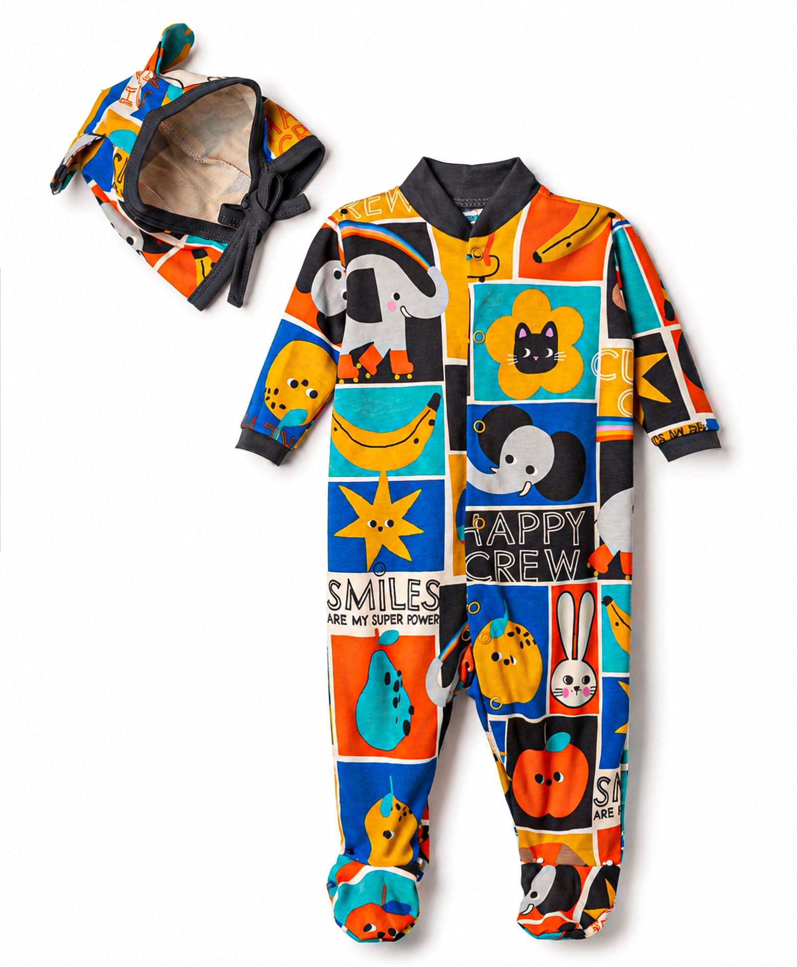 Junior Star Full Sleeves Animals Printed Coordinating Footed Sleepsuit & Ear Applique Detailed Cap - Multi Colour-image-47