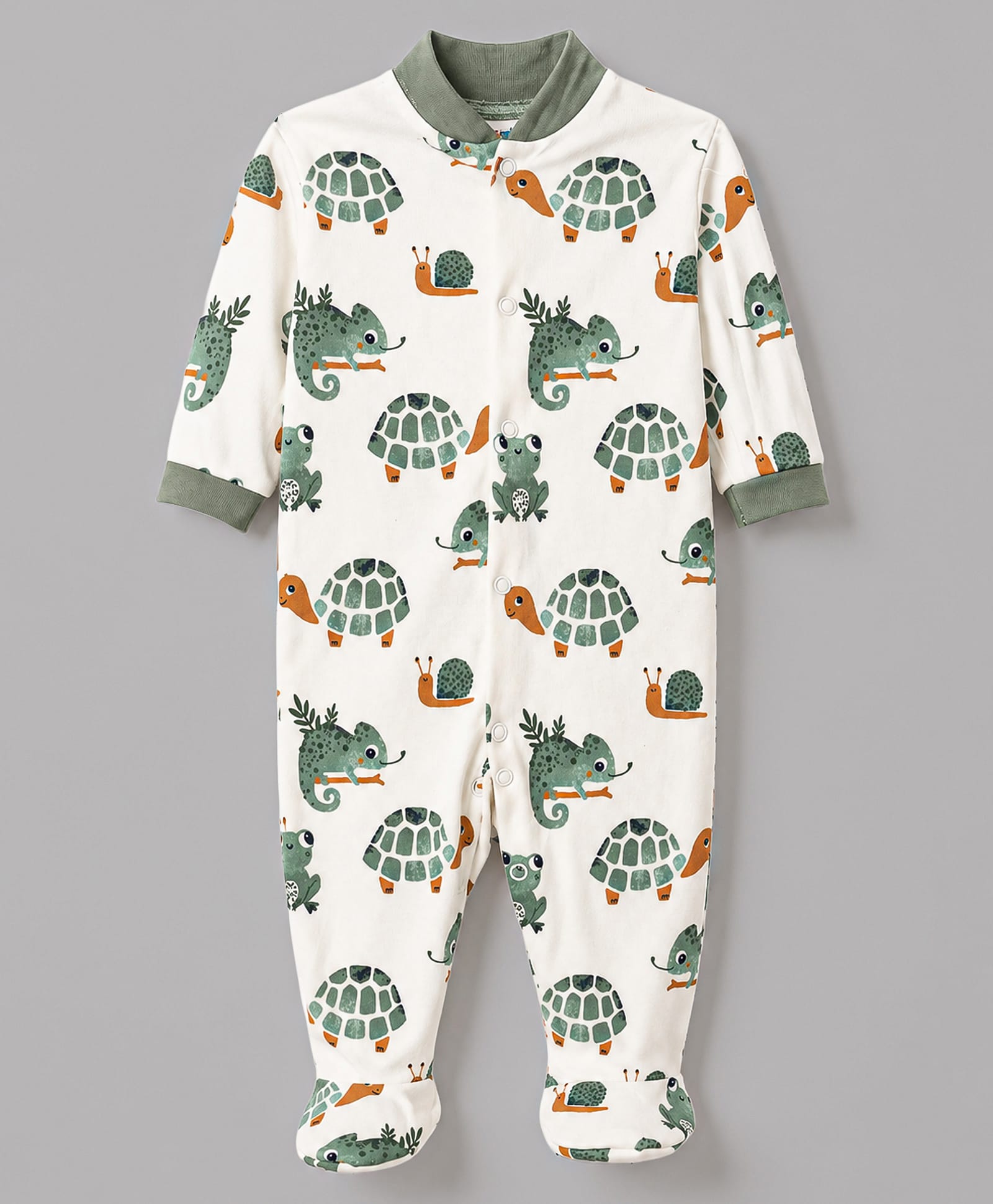 Junior Star Full Sleeves Turtle & Chameleon Printed Coordinating Footed Sleepsuit - White-image-17