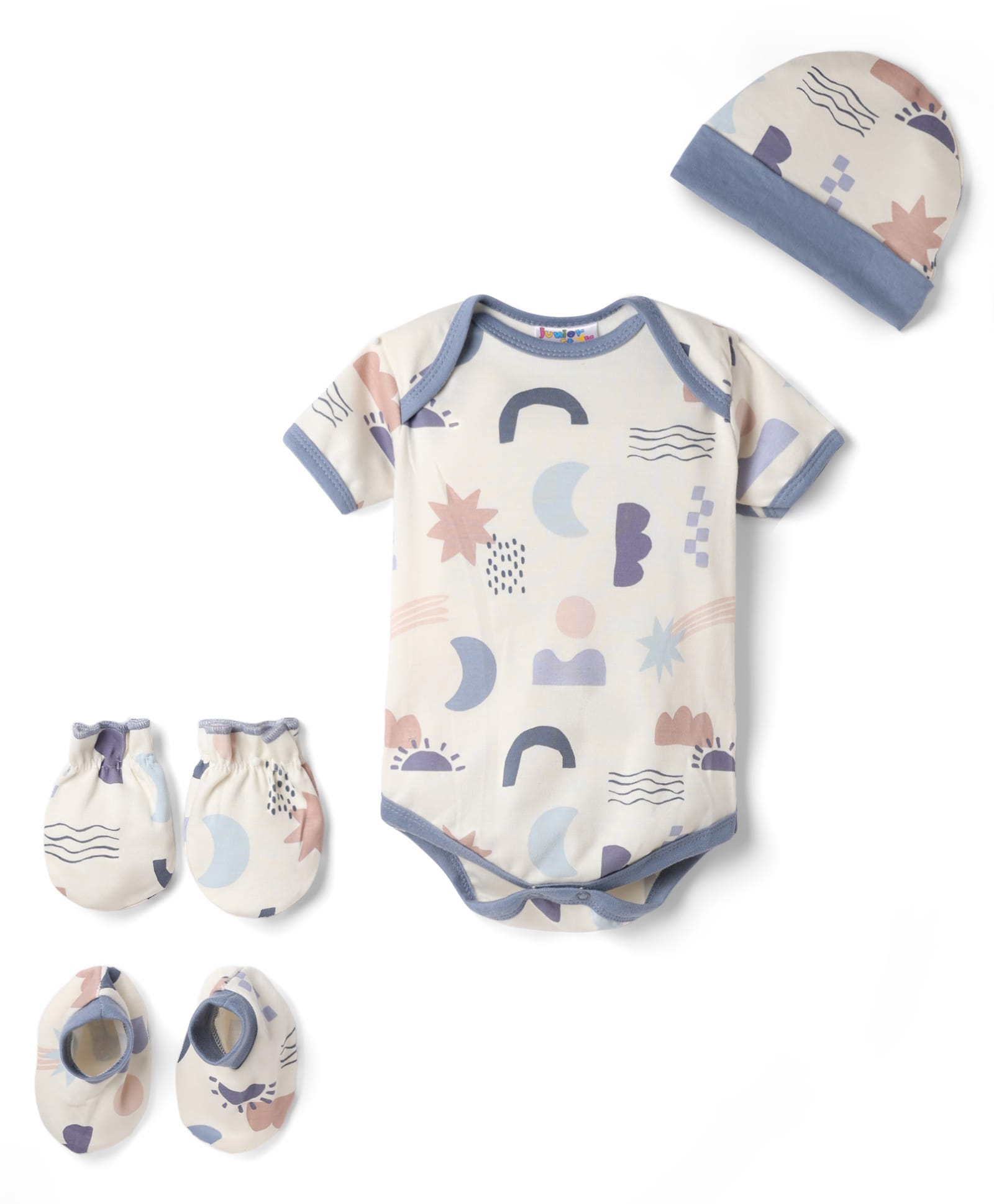 Junior Star Half Sleeves Sun Moon & Stars Printed Coordinating Onesie With Mittens Booties & Cap Set - Multi Colour-image-15