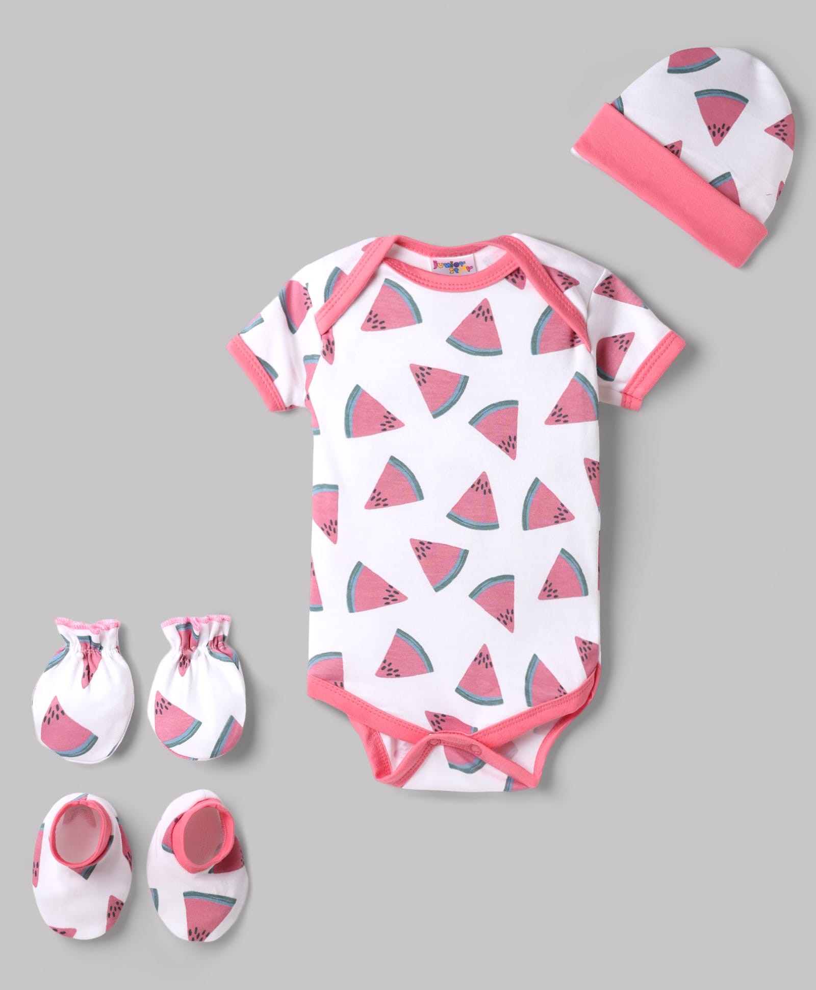 Junior Star Half Sleeves Watermelon Printed Coordinating Onesie With Mittens Booties & Cap Set - Multi Colour-image-45