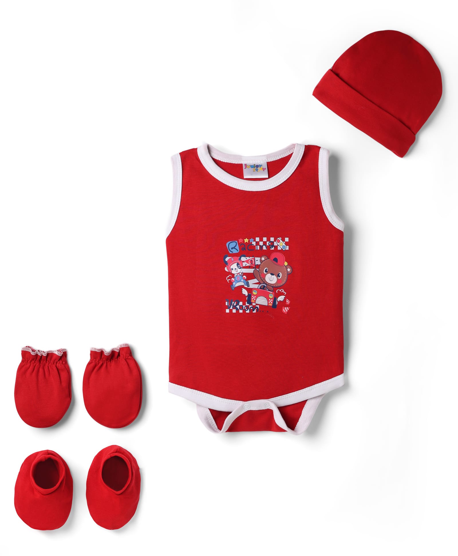 Junior Star Sleeveless Animals In Cars Printed Coordinating Onesie With Mittens Booties & Cap Set - Multi Colour-image-8