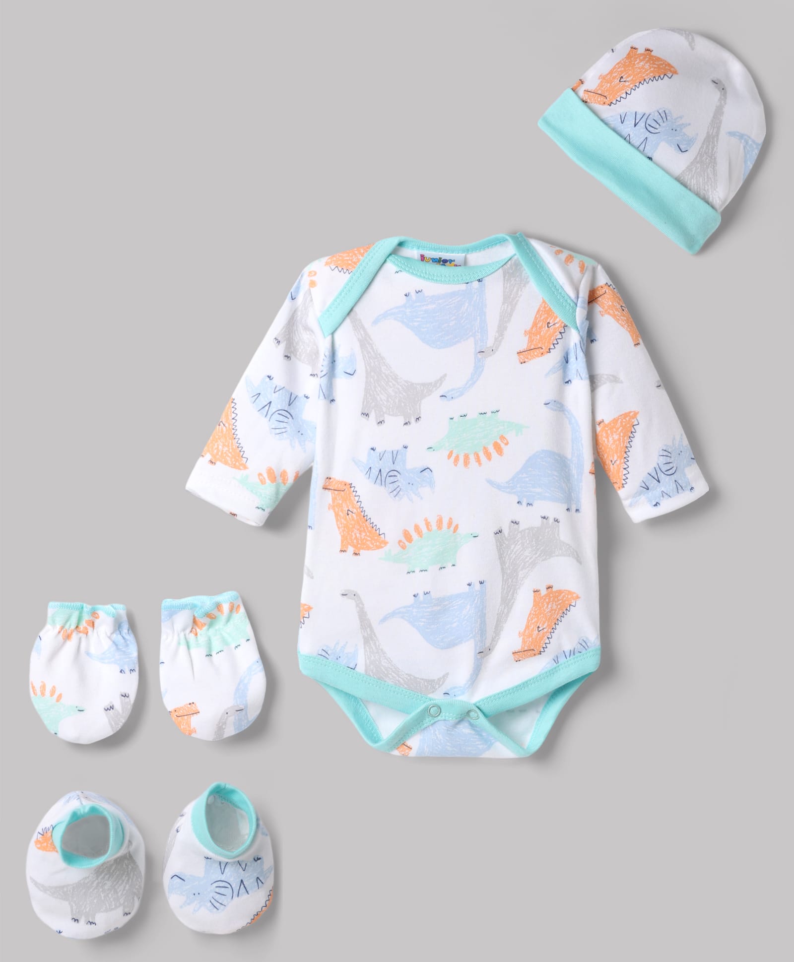 Junior Star Full Sleeves Dinosaurs Printed Coordinating Onesie With Mittens Booties & Cap Set - Multi Colour-image-16
