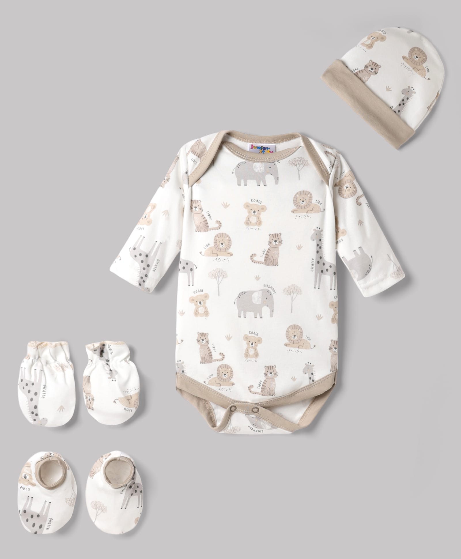 Junior Star Full Sleeves Animals Printed Coordinating Onesie With Mittens Booties & Cap Set - Multi Colour-picture-15