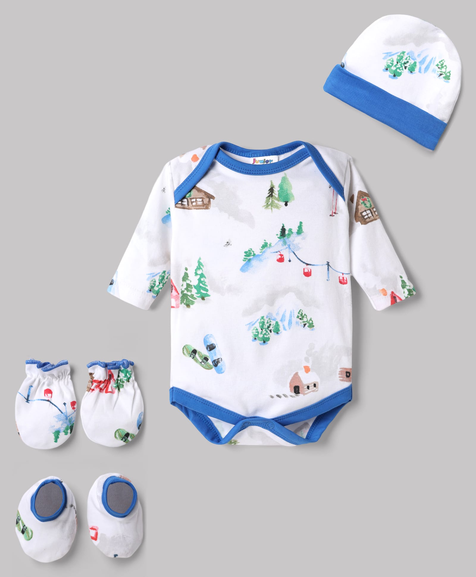 Junior Star Full Sleeves Ski Chalet Theme Printed Coordinating Onesie With Mittens Booties & Cap Set - Multi Colour-image-47