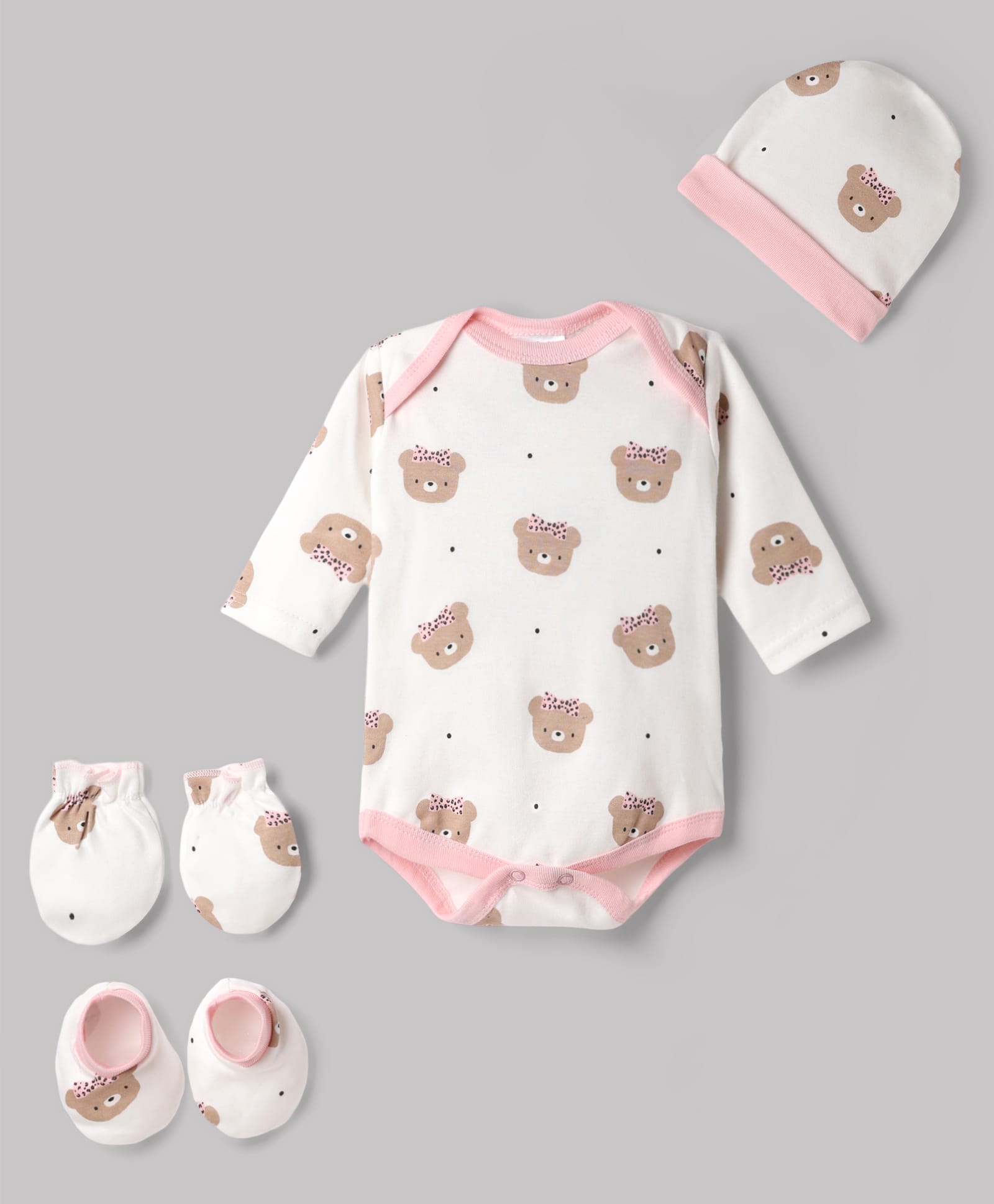 Junior Star Full Sleeves Teddy Bear Printed Coordinating Onesie With Mittens Booties & Cap Set - Multi Colour-image-49