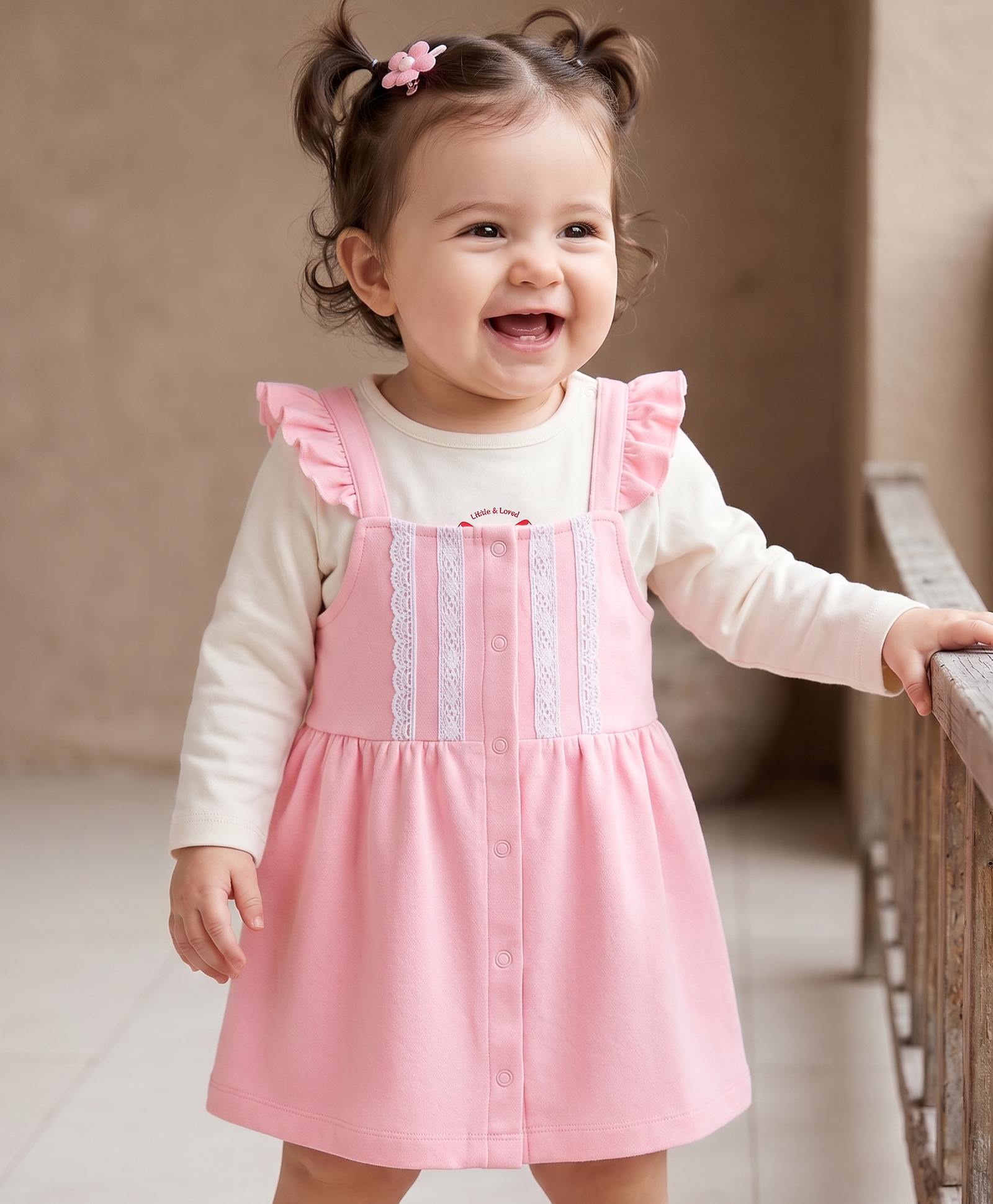 Babyoye 100% Cotton Interlock Knit With Eco Jiva Finish Solid Frock With Full Sleeves Inner Tee Bow Print - Pink-picture-24