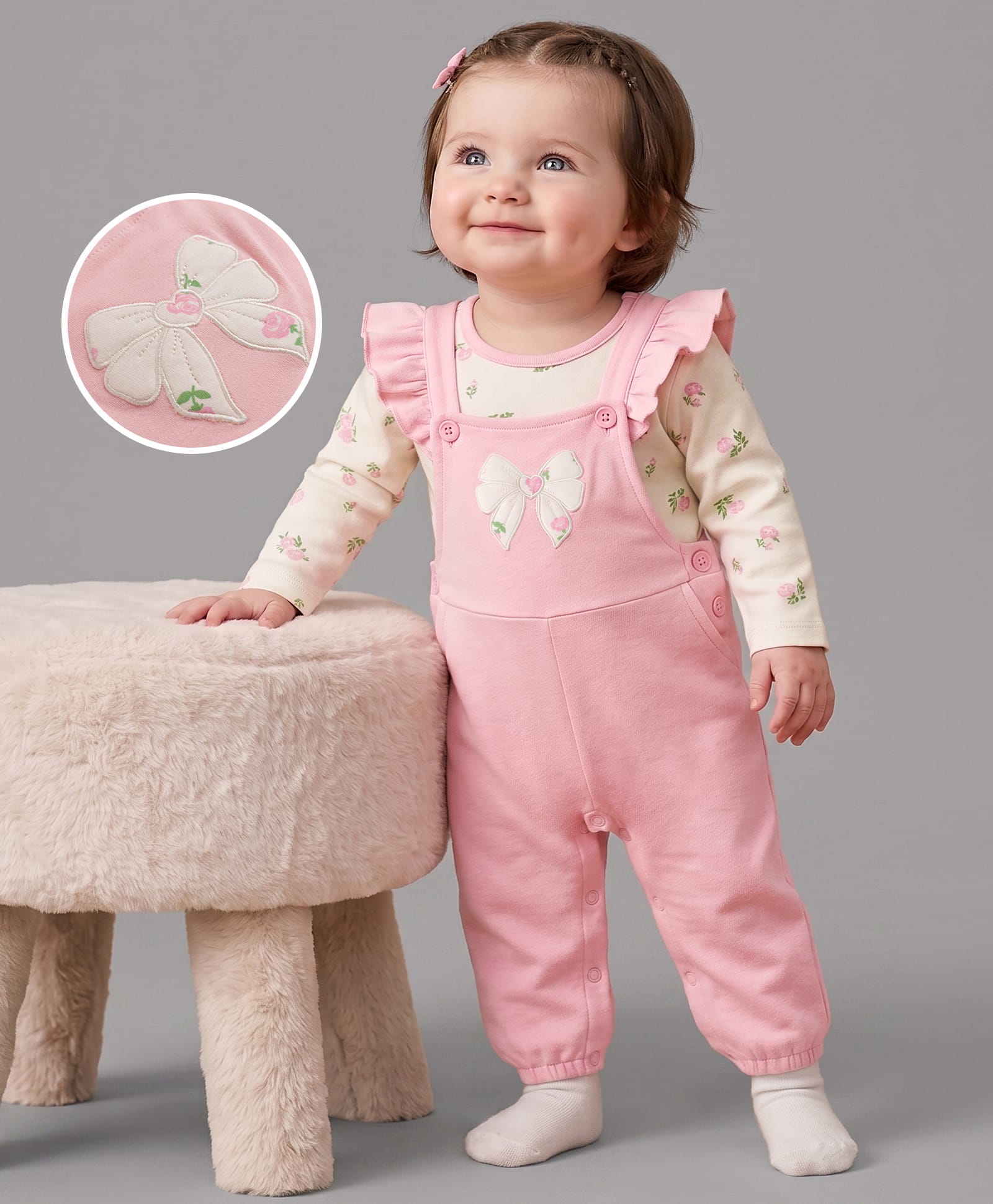 Babyoye 100% Cotton Knit With Eco Jiva Finish Full Sleeves Floral Printed & Bow Embroidered Dungaree With Inner Tee Set - Pink-picture-26