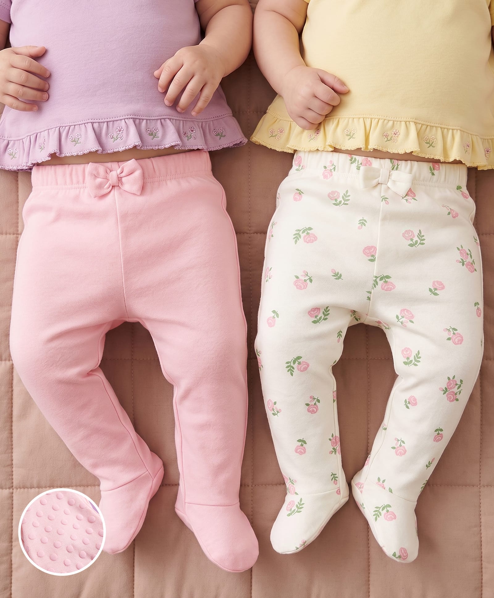 Babyoye 100% Cotton Knit With Eco Jiva Finish Full Length Floral Printed & Kitty Embroidered Bootie Leggings With Bow Applique Pack Of 2 - Pink & White-image-37