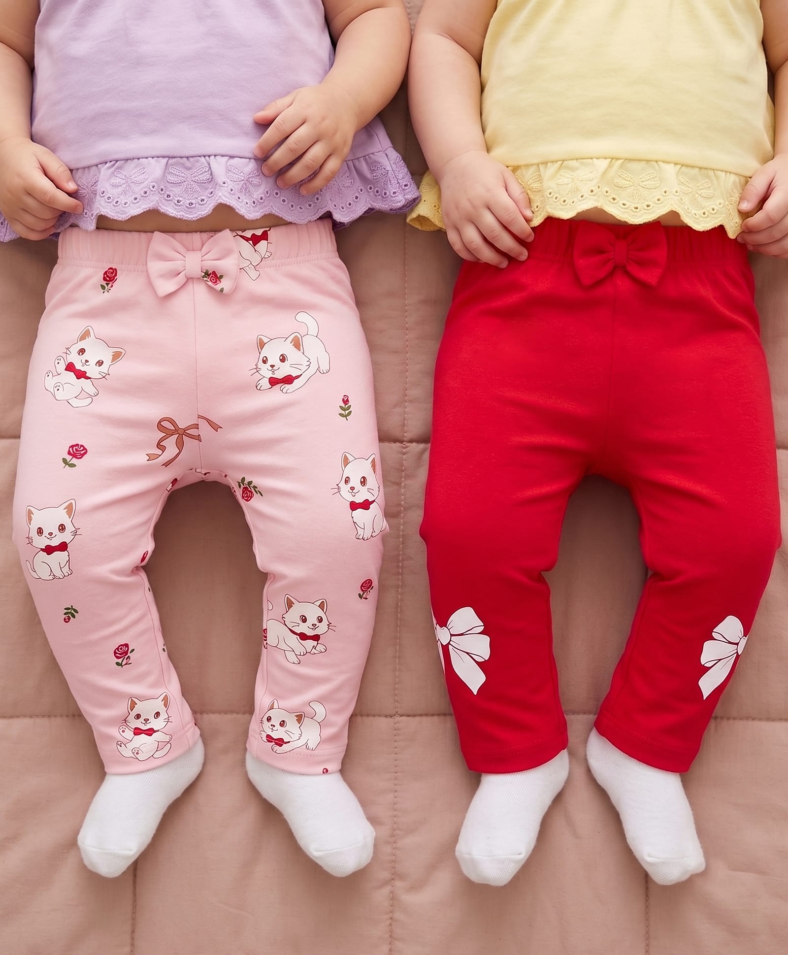 Babyoye 100% Cotton Interlock Knit With Eco Jiva Finish Full Length Leggings With Cat & Bow Print & Applique Pack of 2 - Pink & Red-picture-17