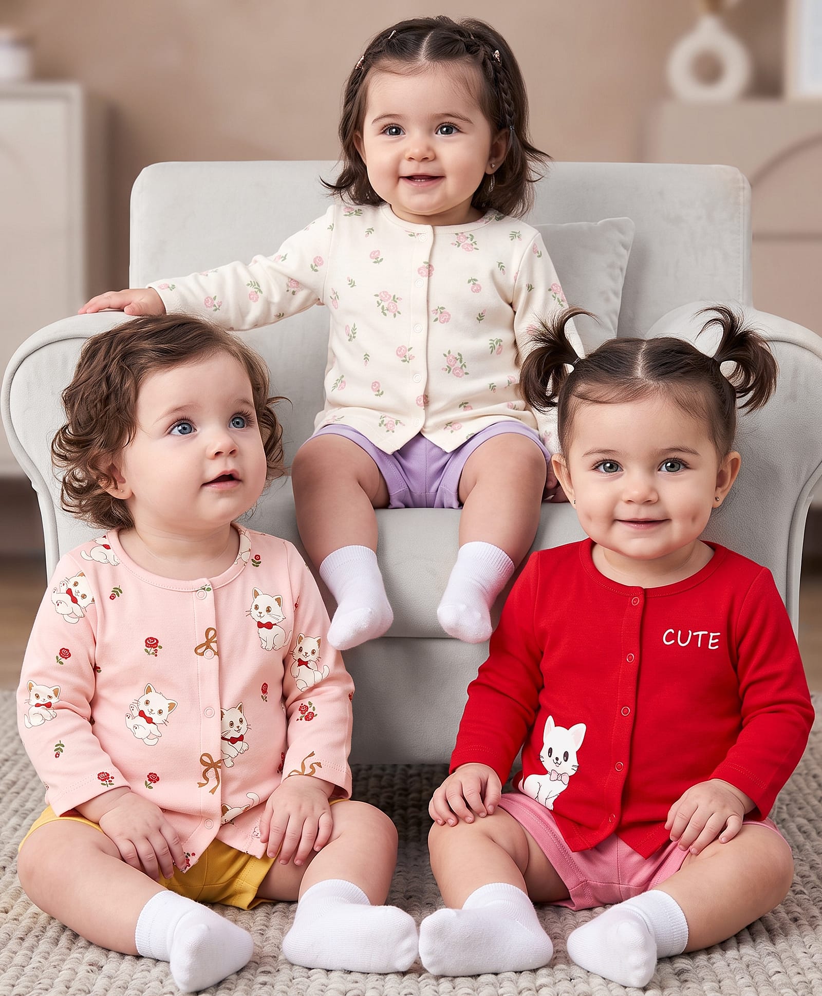 Babyoye 100% Cotton Interlock Knit Eco Jiva Finish Full Sleeves Jhablas Wit Floral & Cat Print Pack of 3 - Red, Pink & White-image-44