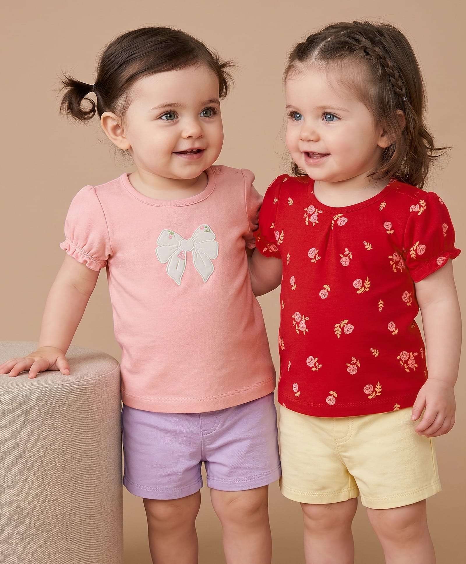 Babyoye Interlock Knit Half Sleeves T-Shirts with Floral Print & Bow Patch Pack of 2 - Red & Pink-image-40