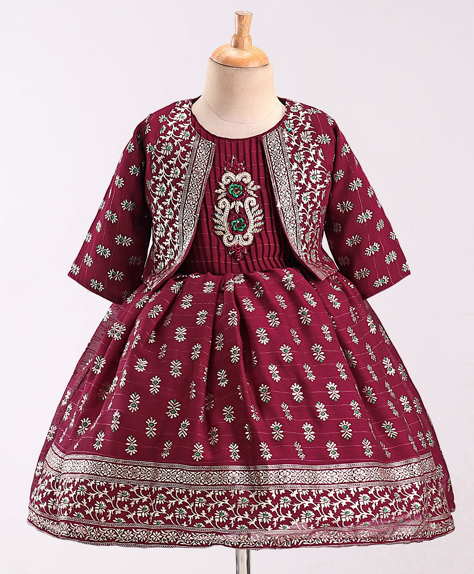 Enfance Silk Woven Sleeveless Floral Embroidered & Foil Printed Ethnic Dress With Jacket - Wine-image-37