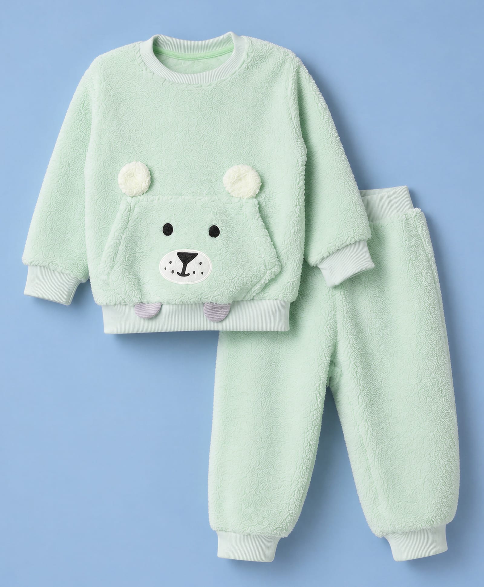 Little Kangaroos Fleece Knit Full Sleeves Winter Wear Suit With Teddy Bear Embroidery - Aqua Blue-picture-24