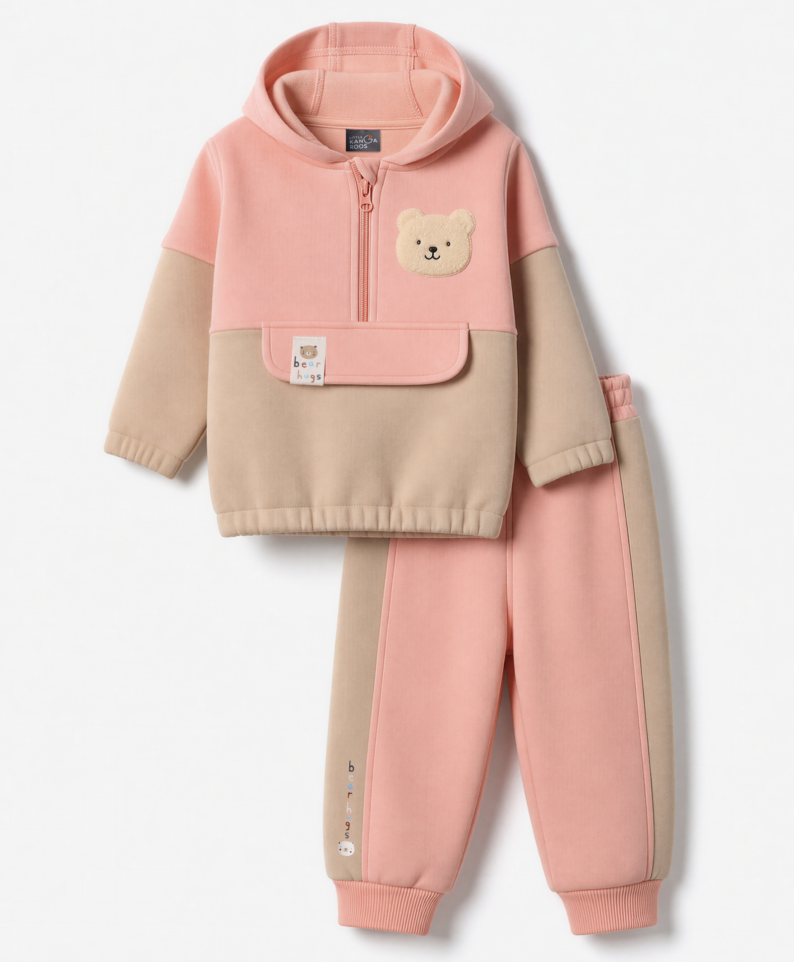 Little Kangaroos Fleece Knit Full Sleeves Winter Wear Set with Bear Embroidery - Peach-picture-17