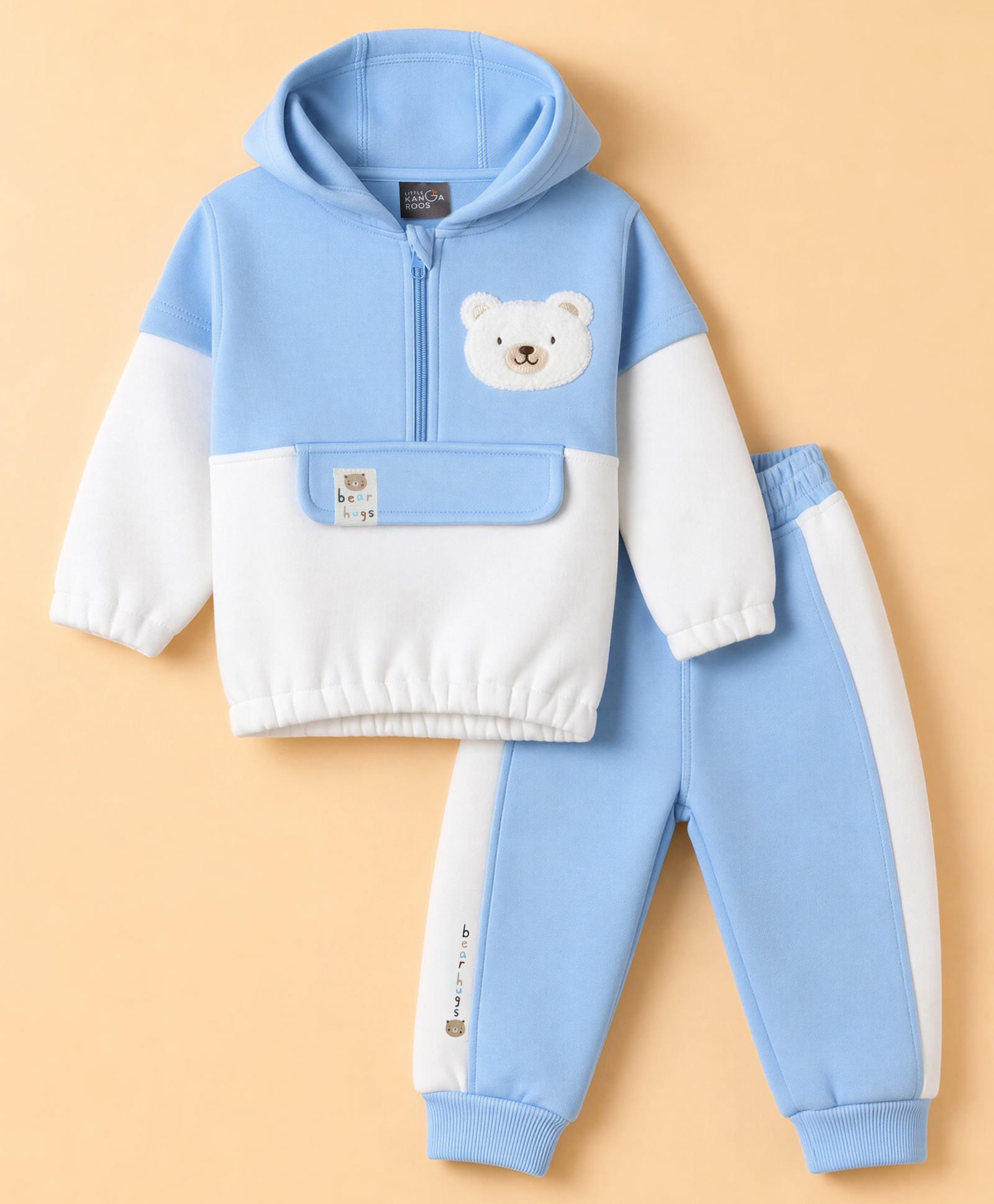 Little Kangaroos Fleece Knit Full Sleeves Winter Wear Set with Bear Embroidery - Sky Blue-picture-27