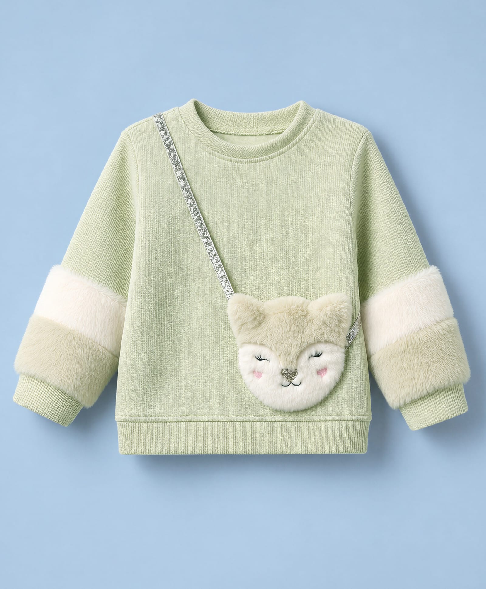 Little Kangaroos Knit Full Sleeves Sweatshirt With Animal Face Sling Bag - Green-picture-20