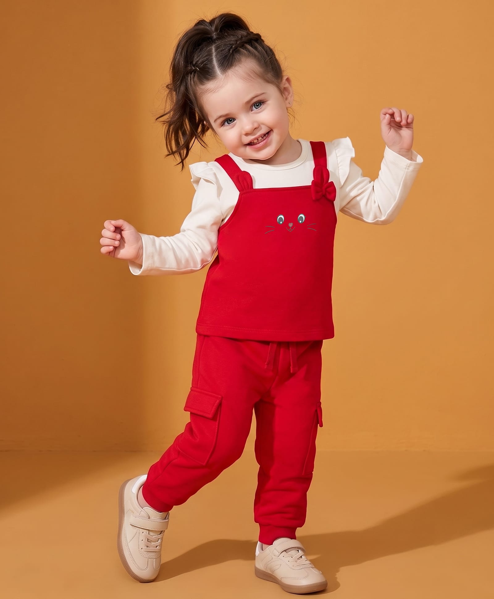 Babyoye 100% Cotton Interlock Knit With Eco Jiva Finish Solid Top & Jogger With Cat Face Print - Red & White-image-6