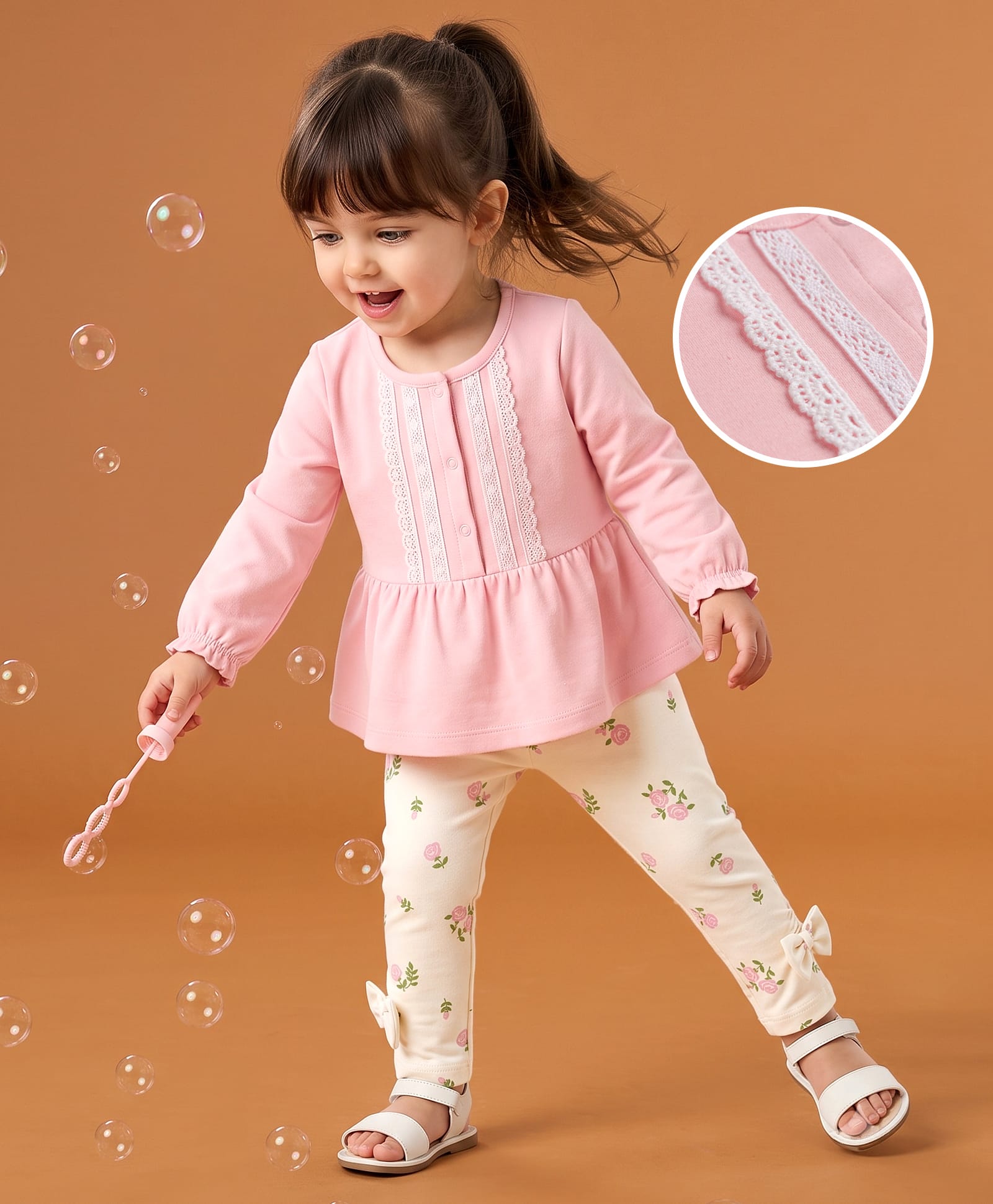 Babyoye 100% Cotton Knit With Eco Jiva Finish Full Sleeves Top & Pant Set With Floral Print & Lace Detailing - Pink & White-image-24