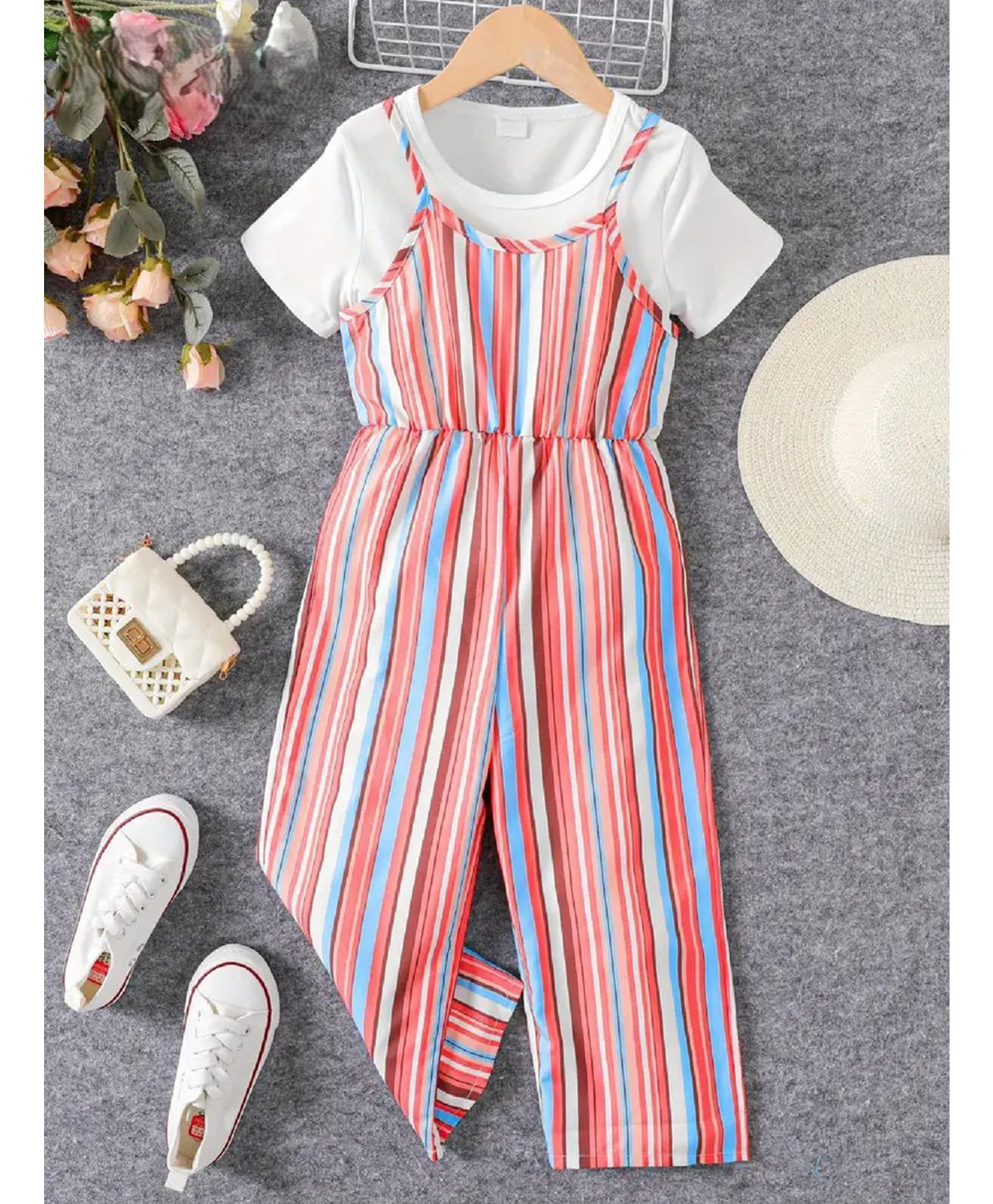 The Kids Club Cotton Blend Woven Striped Jumpsuit With Half Sleeves Tee Set - Pink-image-34