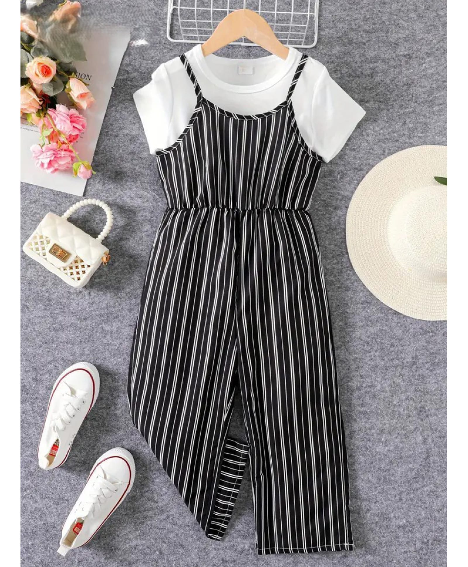 The Kids Club Cotton Blend Woven Striped Jumpsuit With Half Sleeves Tee Set - Black-picture-11