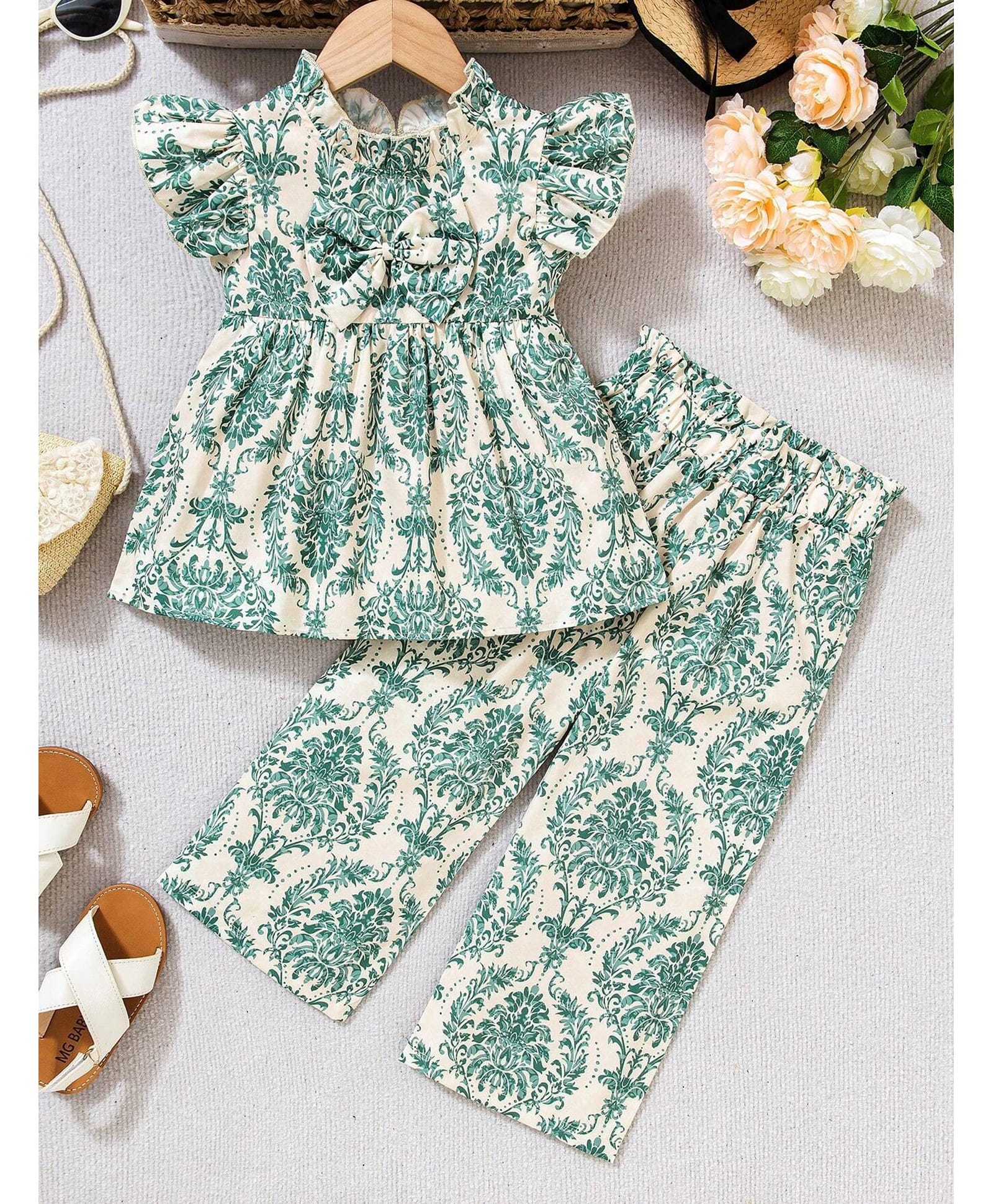 The Kids Club Cotton Blend Knit Frill Sleeves Floral Printed Coordinating Top & Pants Set - Green-image-48