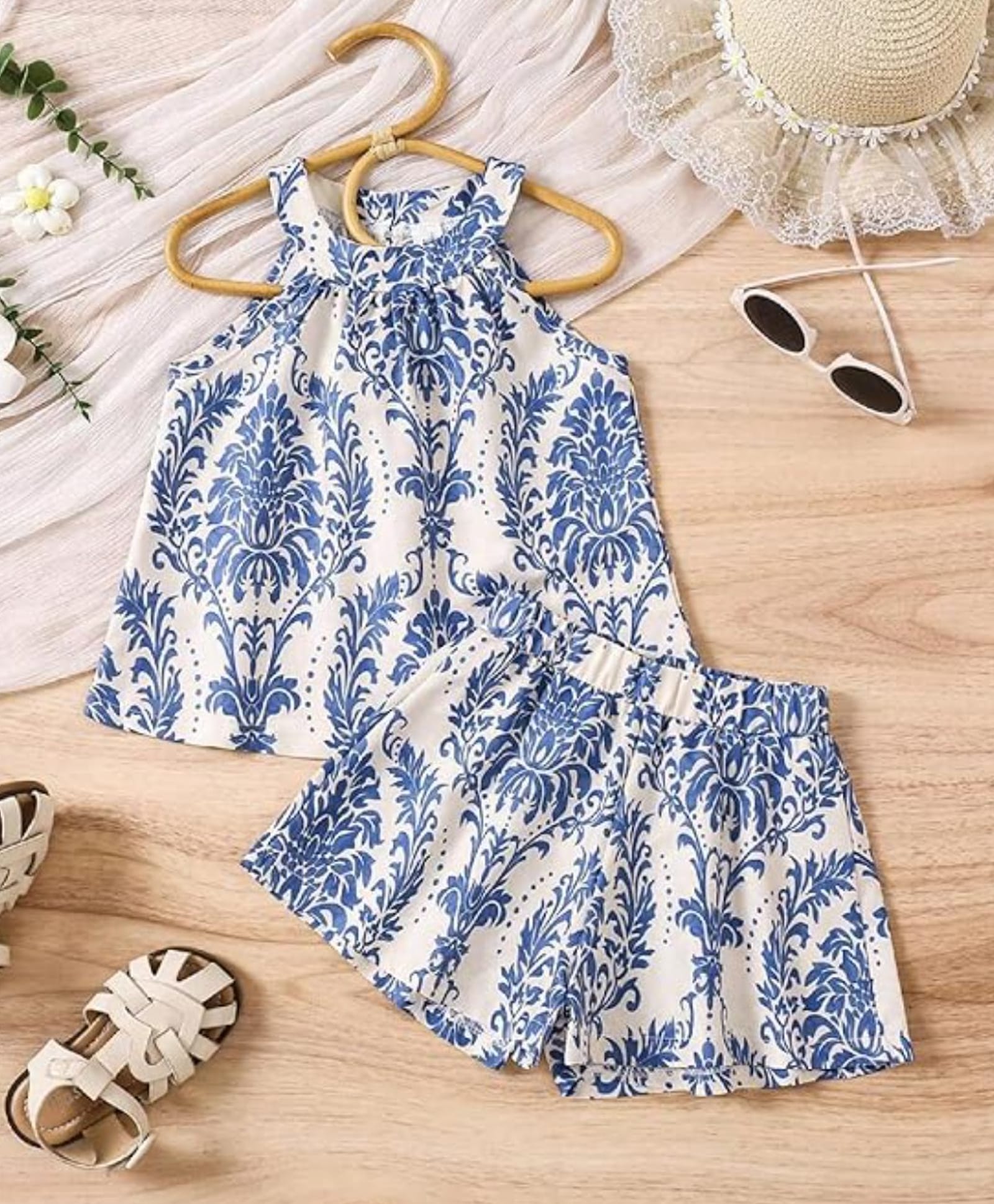 The Kids Club Cotton Blend Knit Sleeveless Floral Printed Coordinating Top & Shorts Set - Blue-image-37