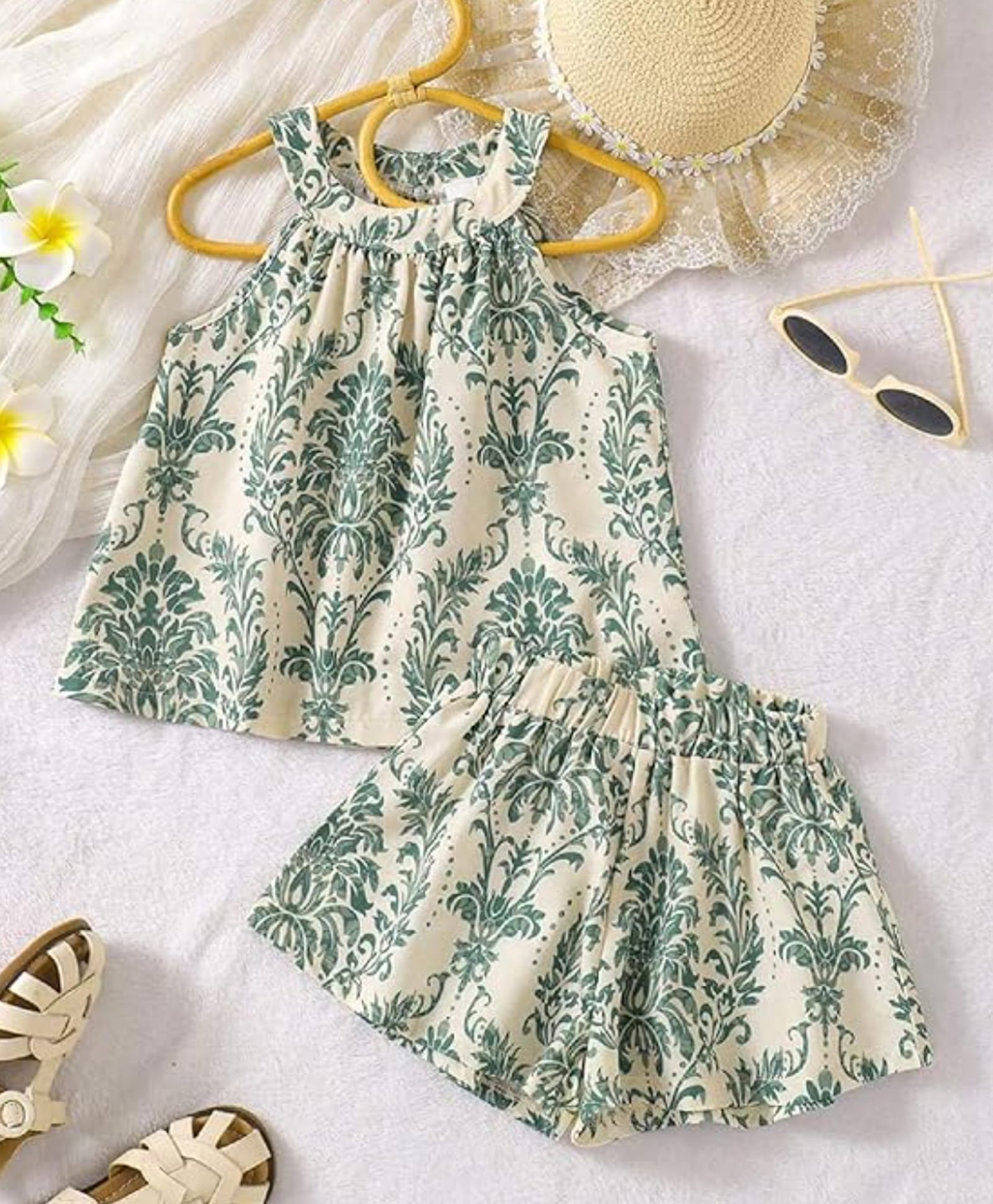 The Kids Club Cotton Blend Knit Sleeveless Floral Printed Coordinating Top & Shorts Set - Green-image-44