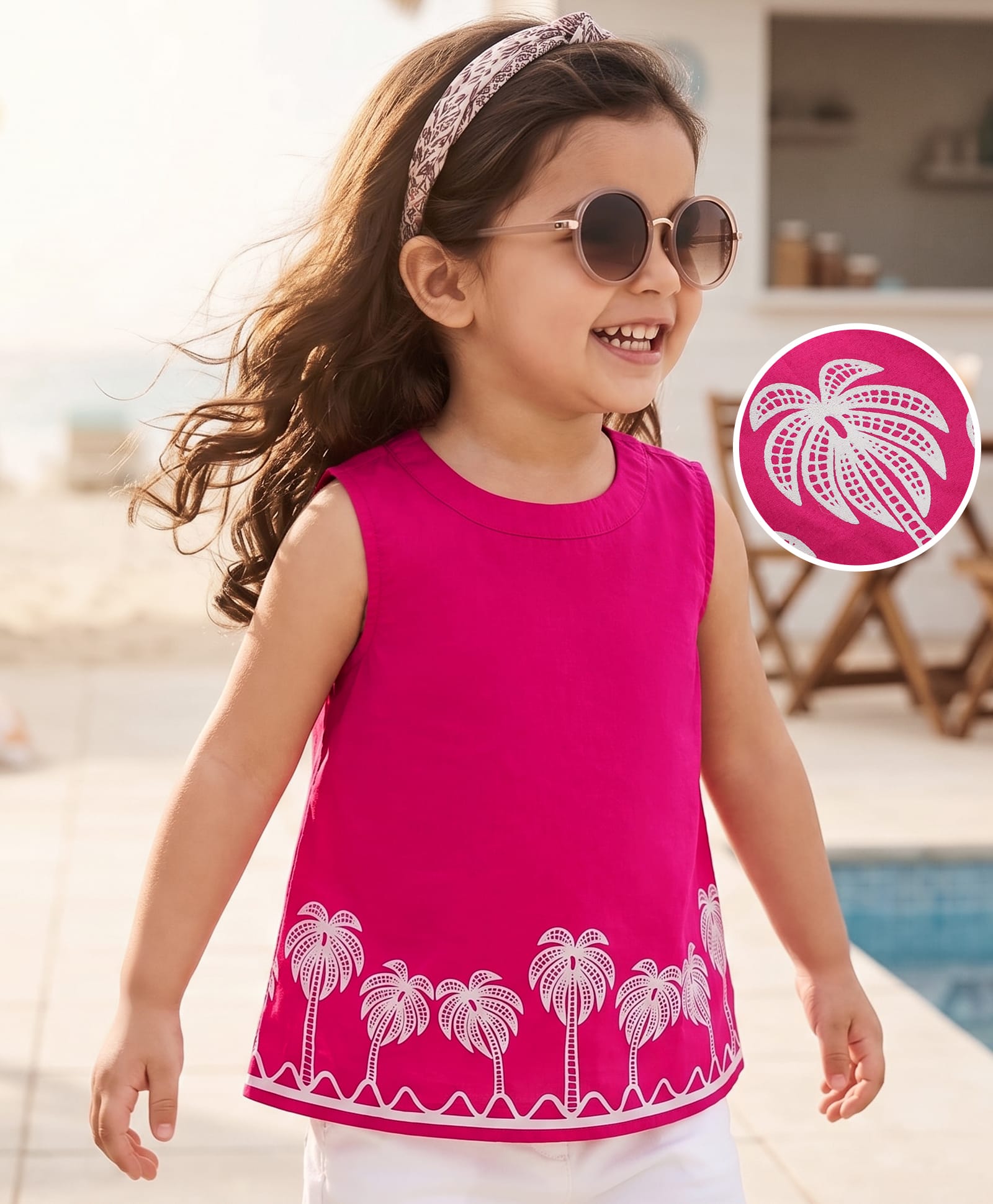 kookie kids india Kookie Kids Cotton Woven Sleeveless Palm Tree Printed Top - Dark Pink-picture-31