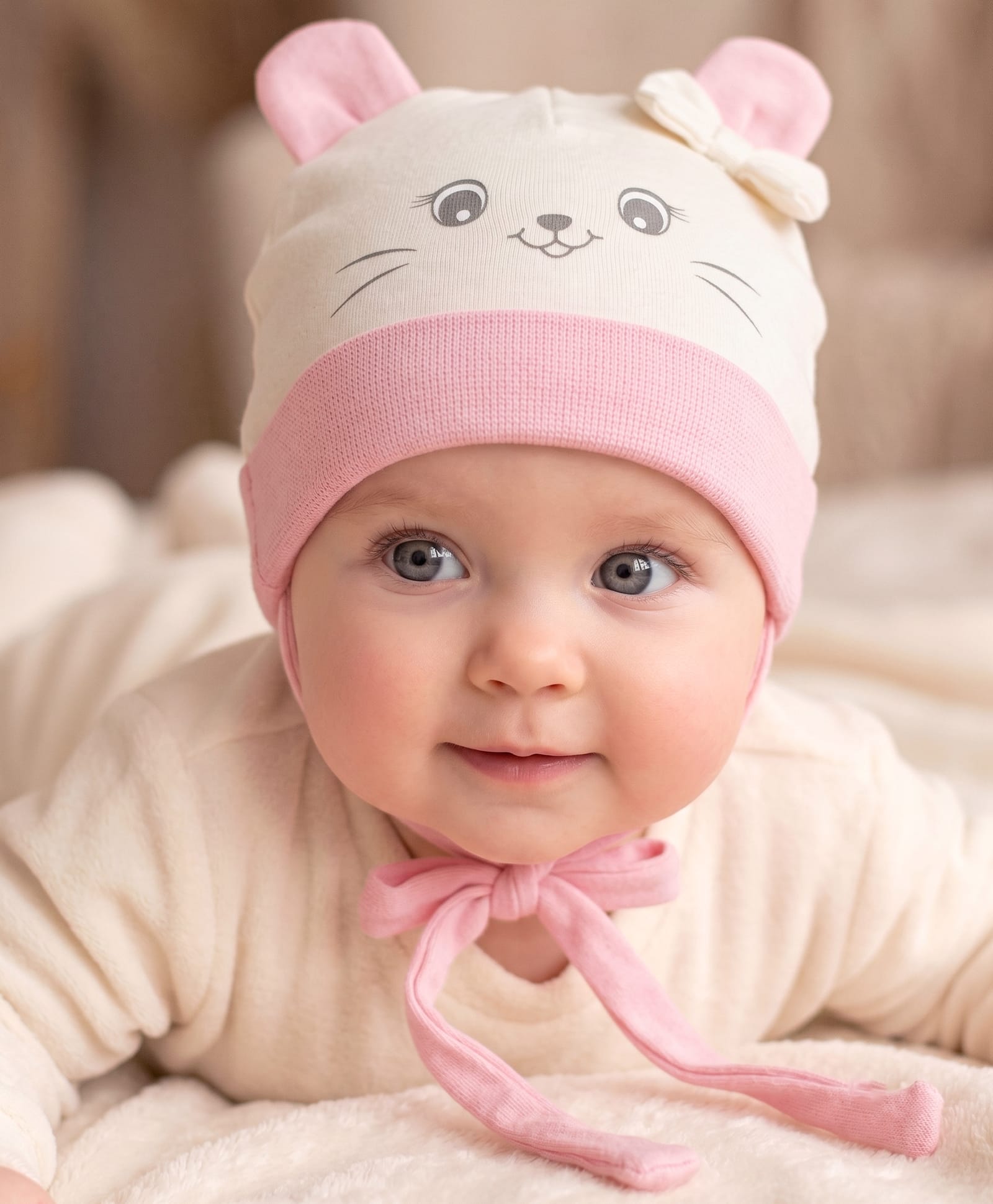 Babyoye 100% Cotton Interlock Knit Baby cap with knot with Cat Design and Bow Pink - Diameter 8 cm-image-12