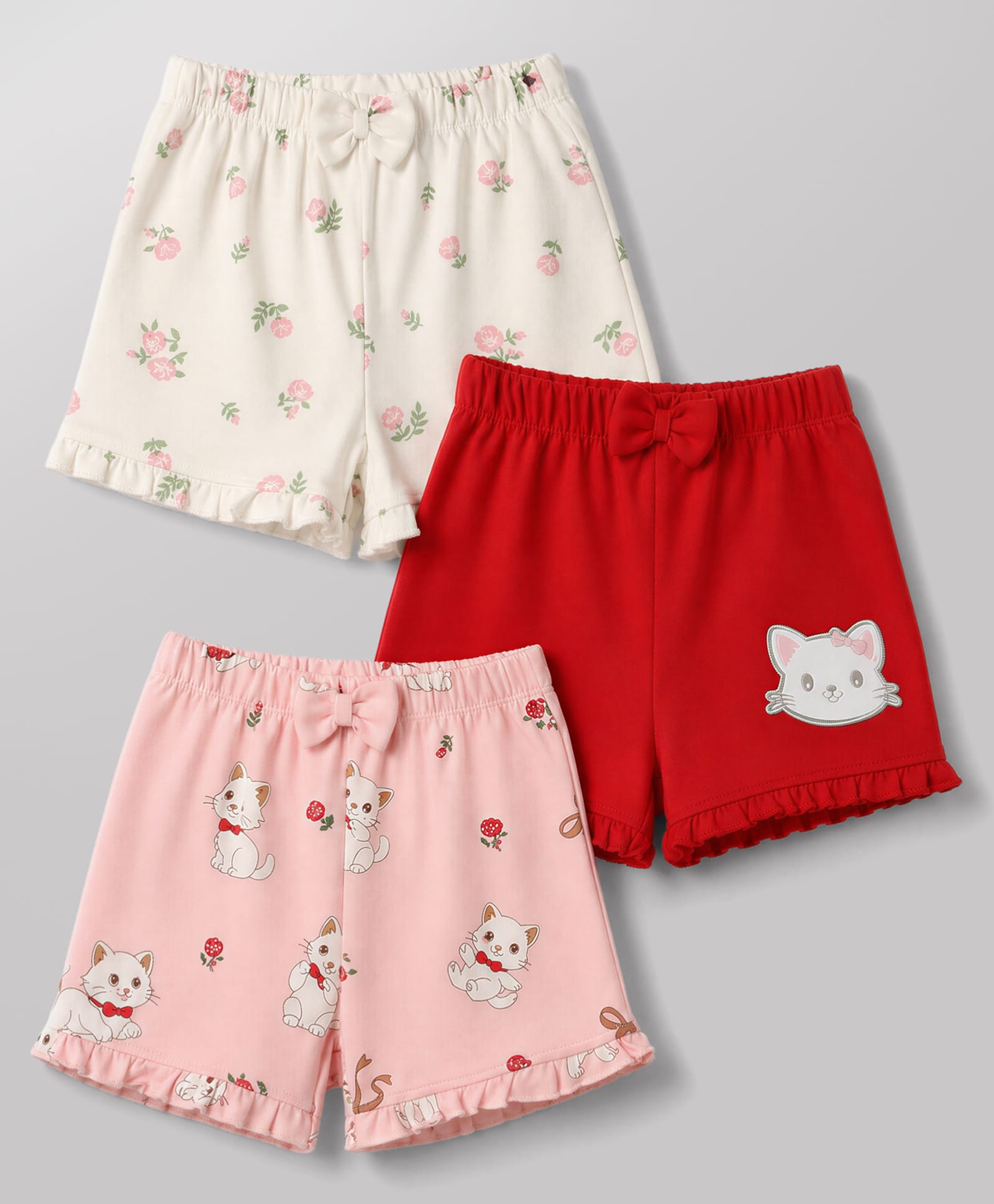 Babyoye 100% Cotton Interlock Knit Floral & Cat Printed Shorts with Bow Applique & Eco Jiva Finish Pack of 3 - Red Pink & Offwhite-picture-17