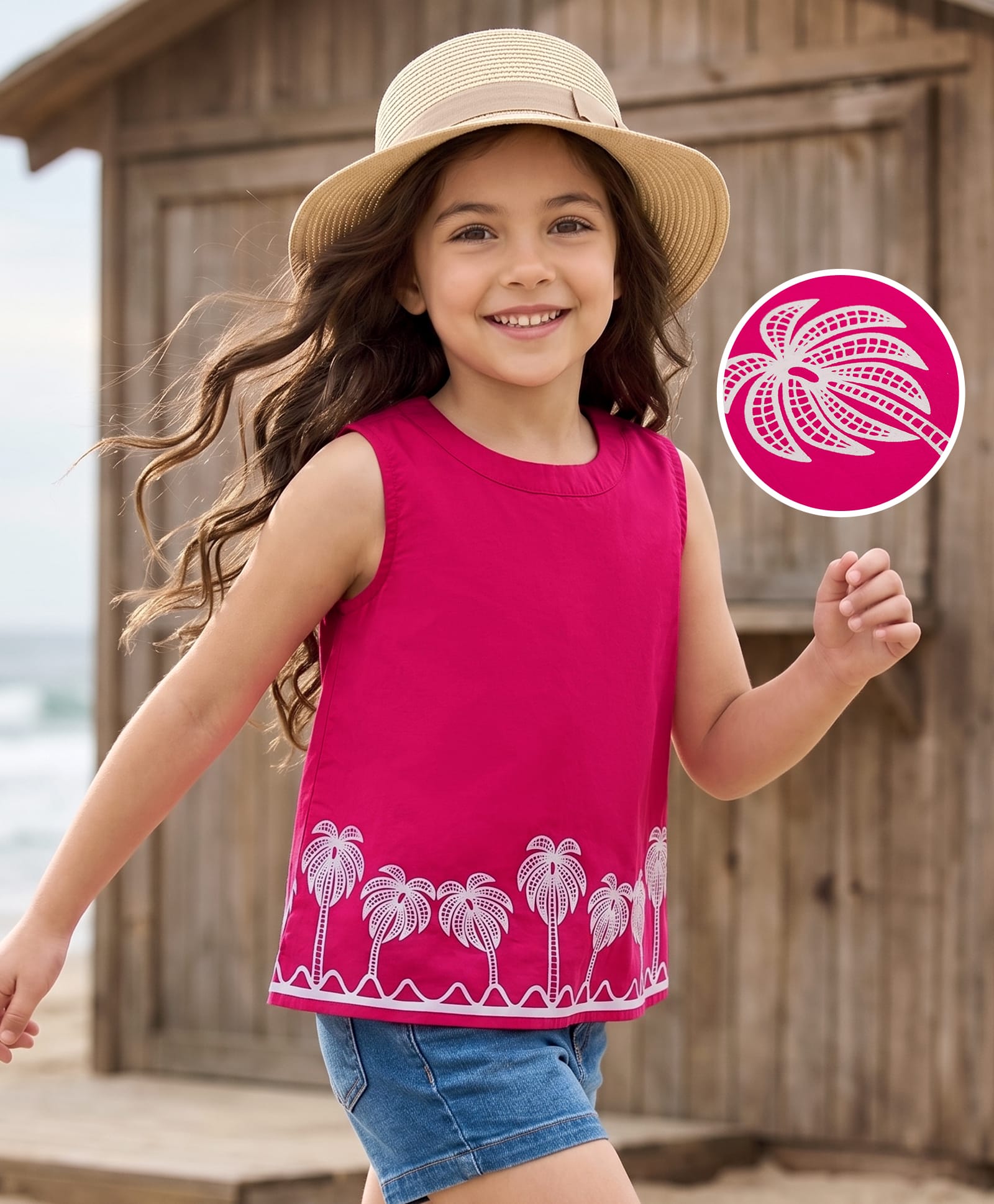 kookie kids india Kookie Kids Cotton Woven Sleeveless Palm Tree Printed Top - Dark Pink-picture-36