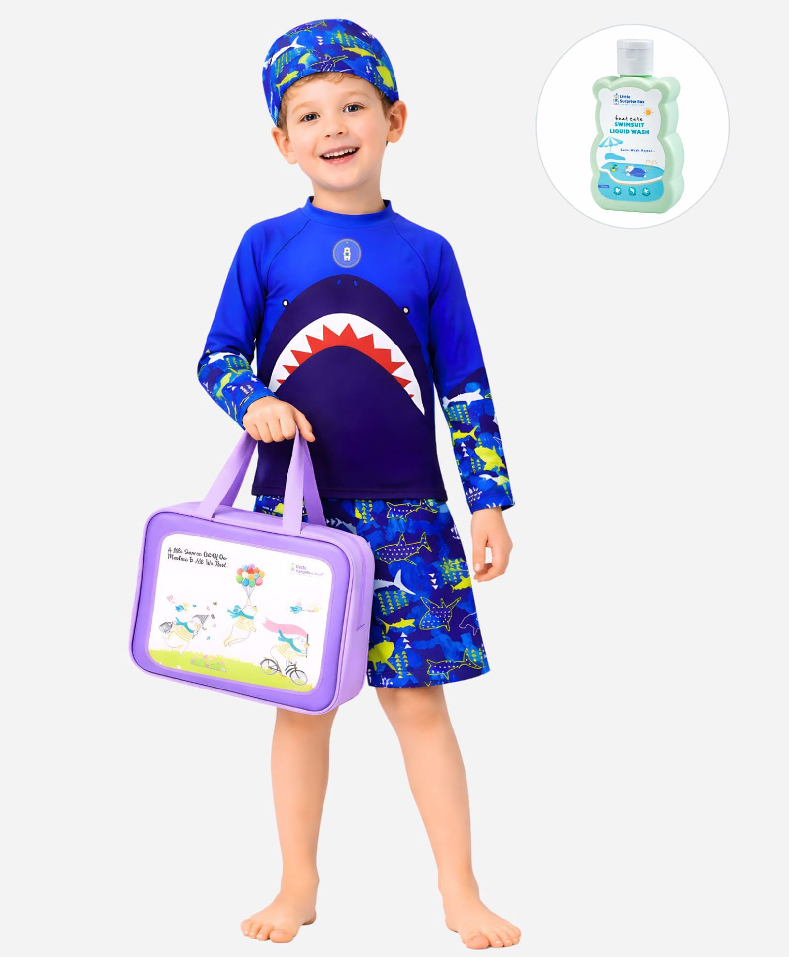 Little Surprise Box Full Raglan Sleeves Sharks Printed 2 Piece Swimsuit With Cap Bag & Detergent - Blue-picture-28