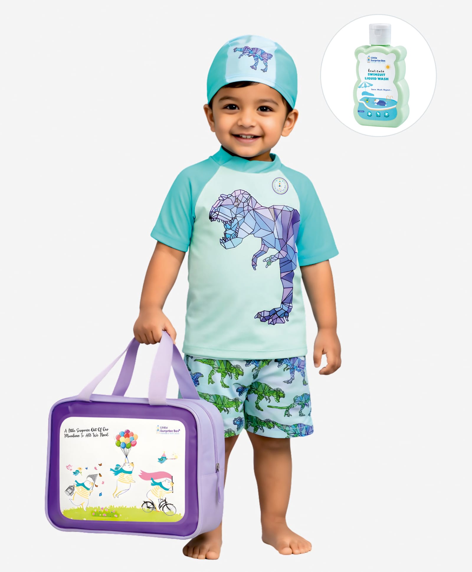 Little Surprise Box Half Raglan Sleeves Dino Printed Two Piece Swimsuit With Cap Bag & Detergent - Blue-picture-27