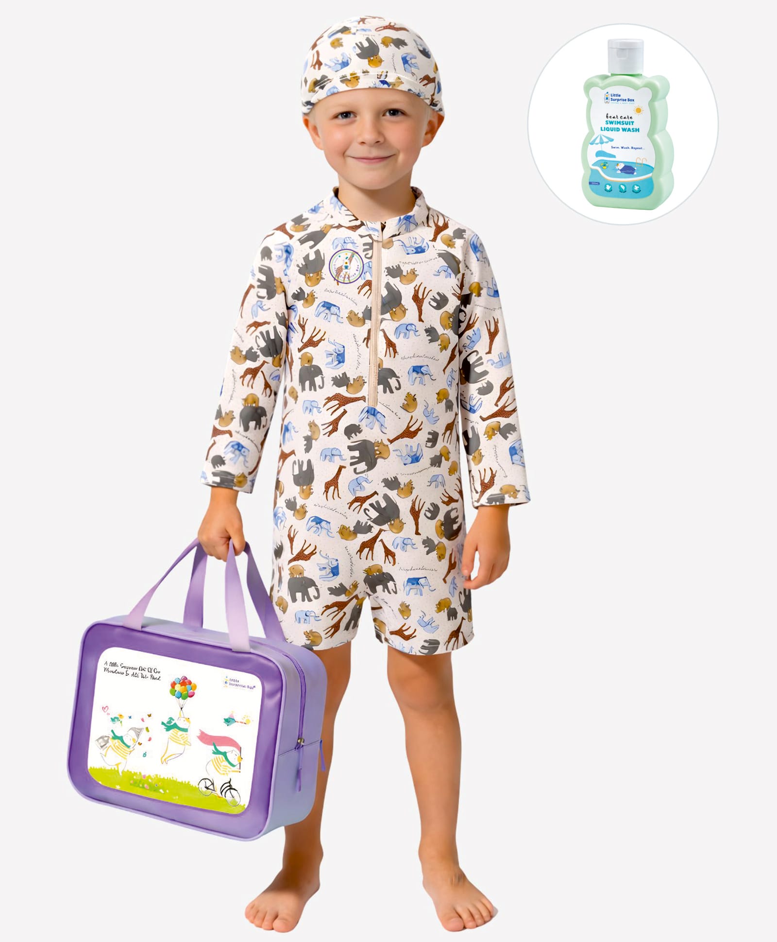 Little Surprise Box Full Raglan Sleeves Animals Printed Legged Swimsuit With Cap Bag & Detergent - Cream-picture-20
