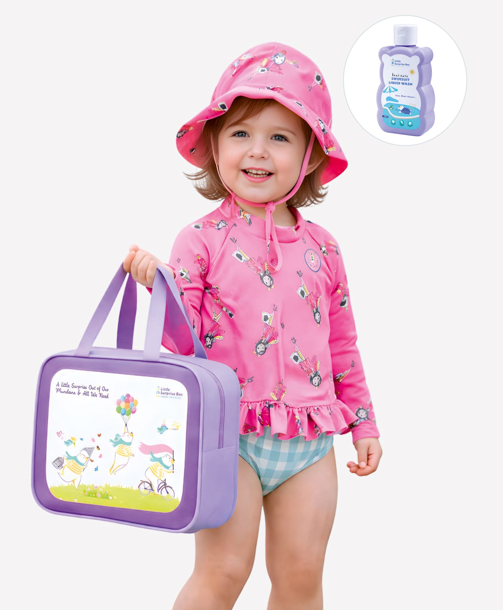 Little Surprise Box Full Sleeves Girl Printed 2 Piece Swimsuit With Cap Bag & Detergent - Pink-image-3