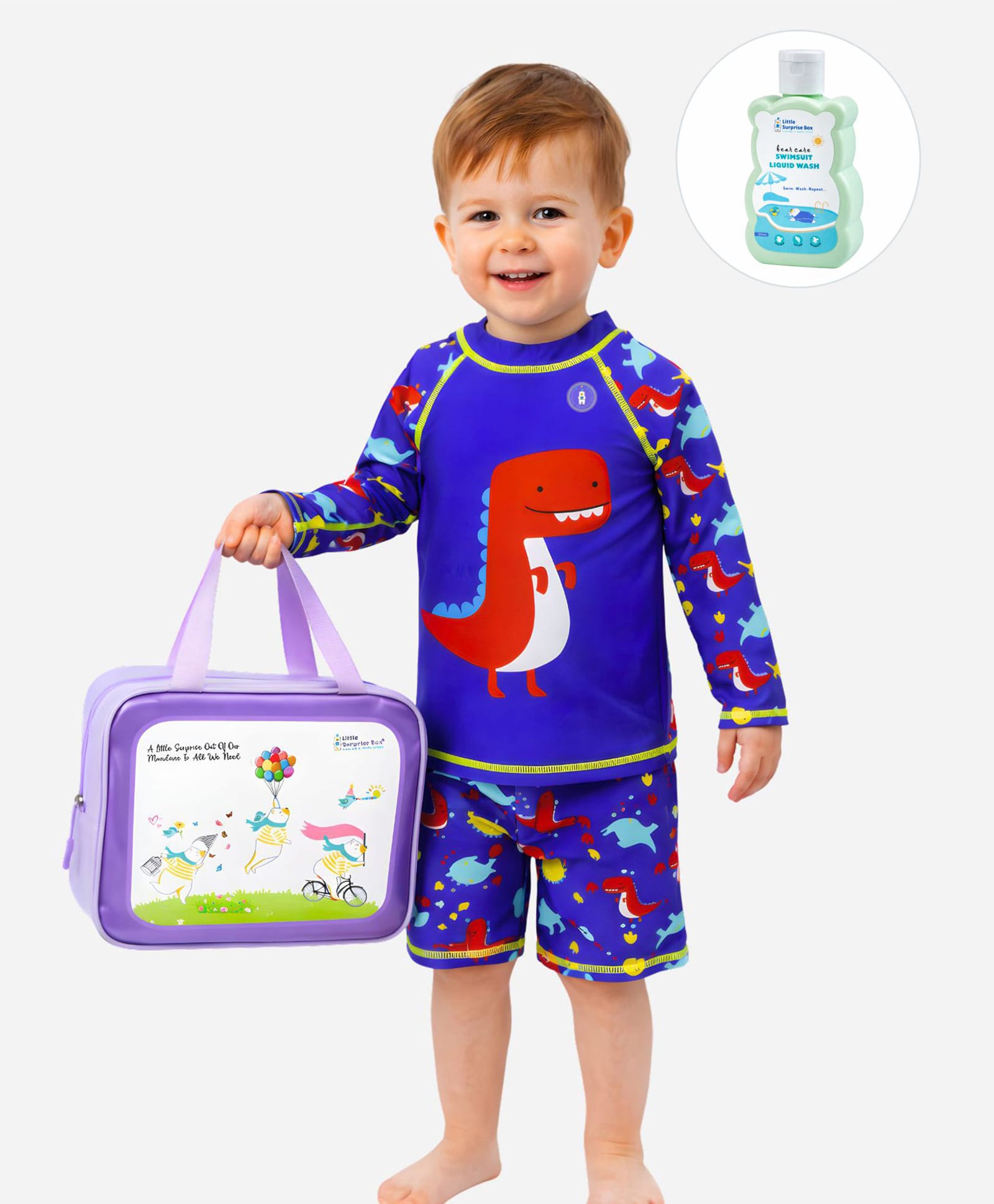 Little Surprise Box Full Raglan Sleeves Dinosaur Printed 2 Piece Swimsuit With Bag & Detergent - Blue-picture-27