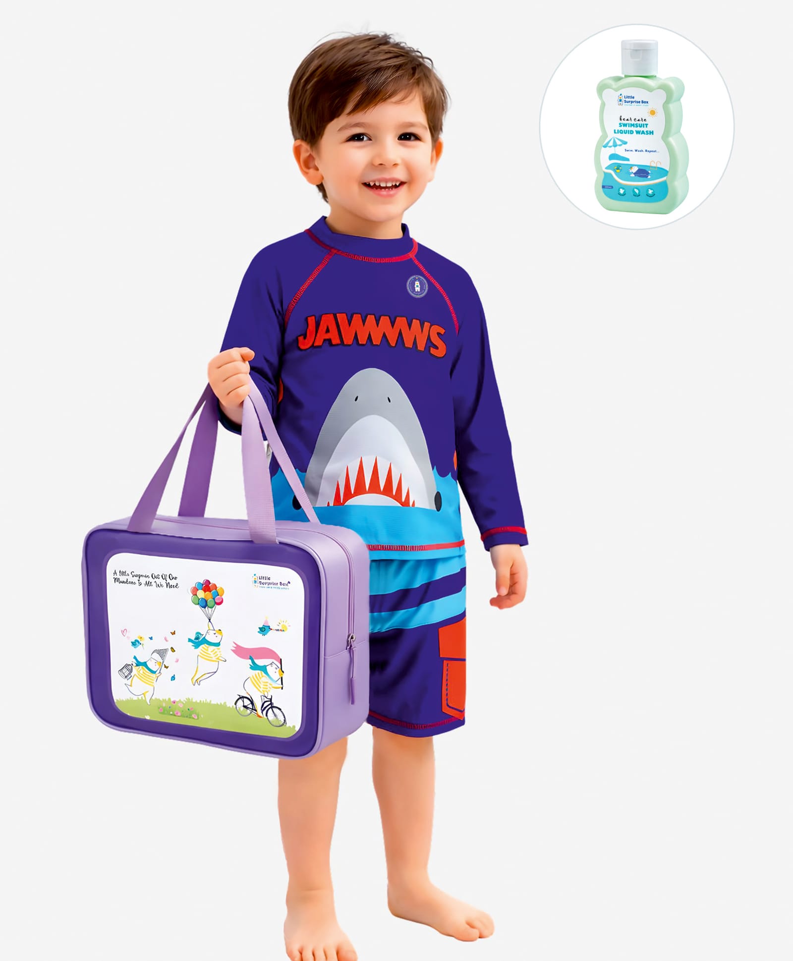 Little Surprise Box Full Raglan Sleeves Shark Printed 2 Piece Swimsuit With Bag & Detergent - Navy-picture-30