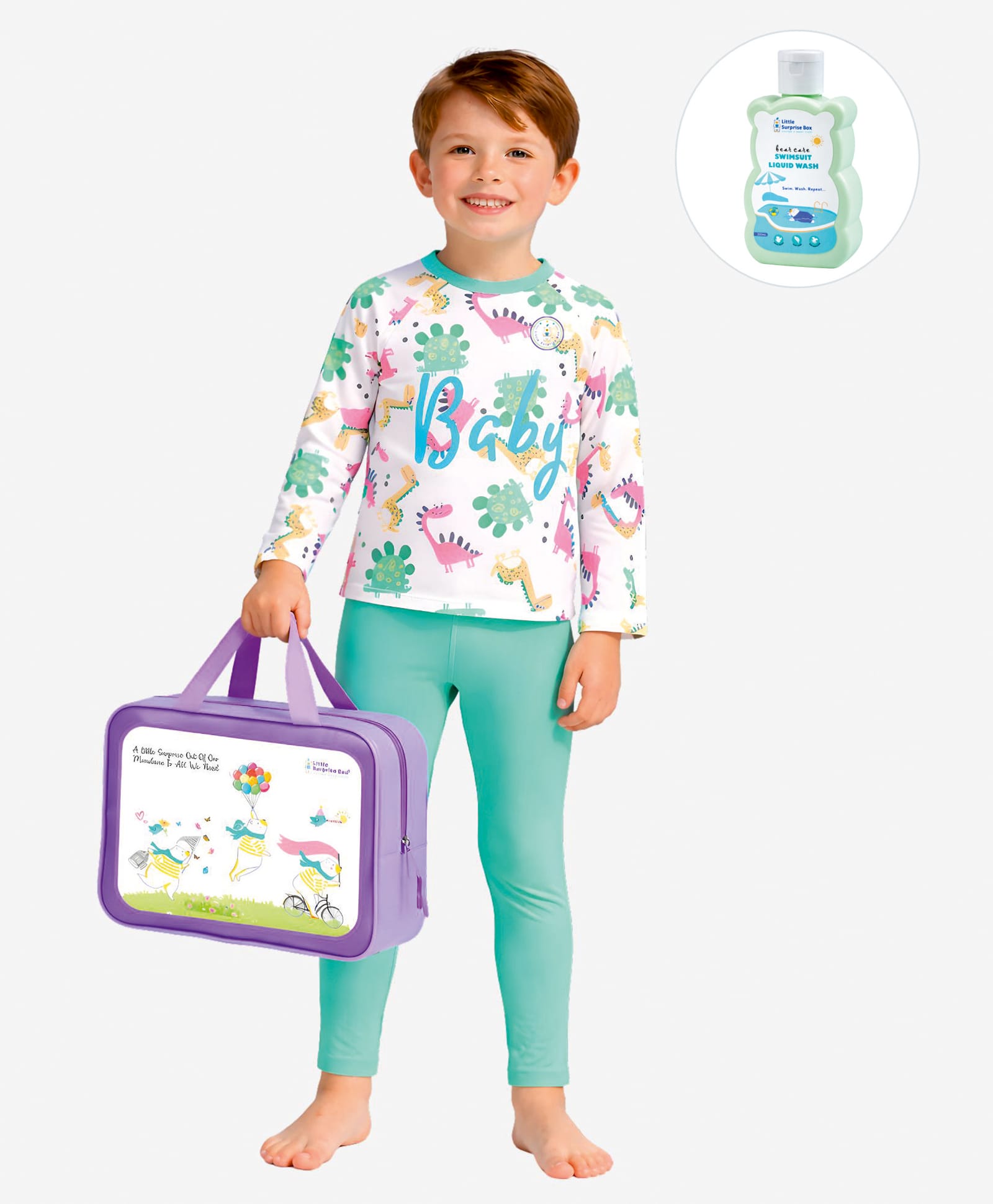 Little Surprise Box Full Raglan Sleeves Dino Printed Two Piece Swimsuit With Bag & Detergent - Sea Green-picture-33