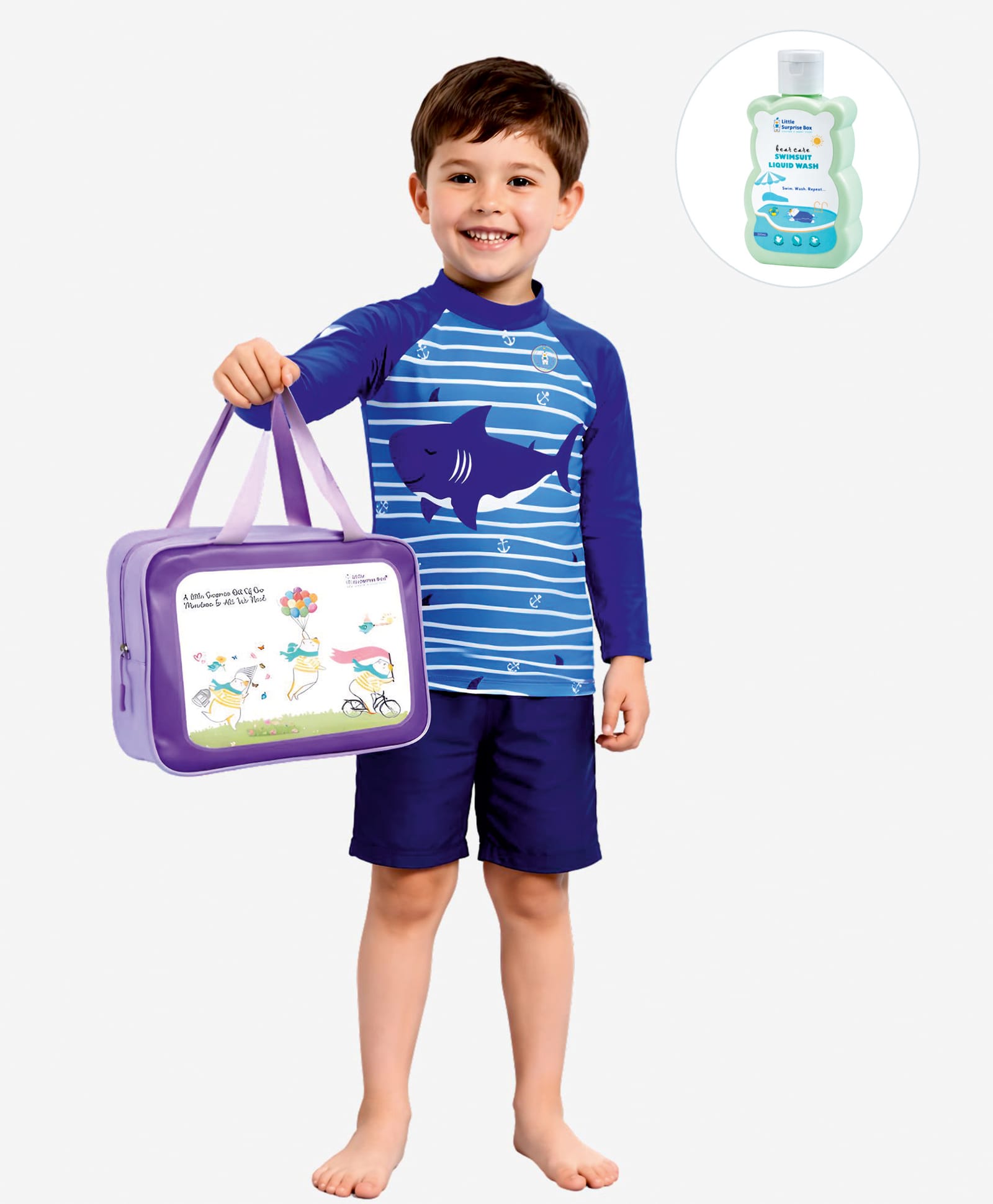Little Surprise Box Full Raglan Sleeves Shark Printed Two Piece Swimsuit With Bag Cap & Detergent - Blue-picture-35