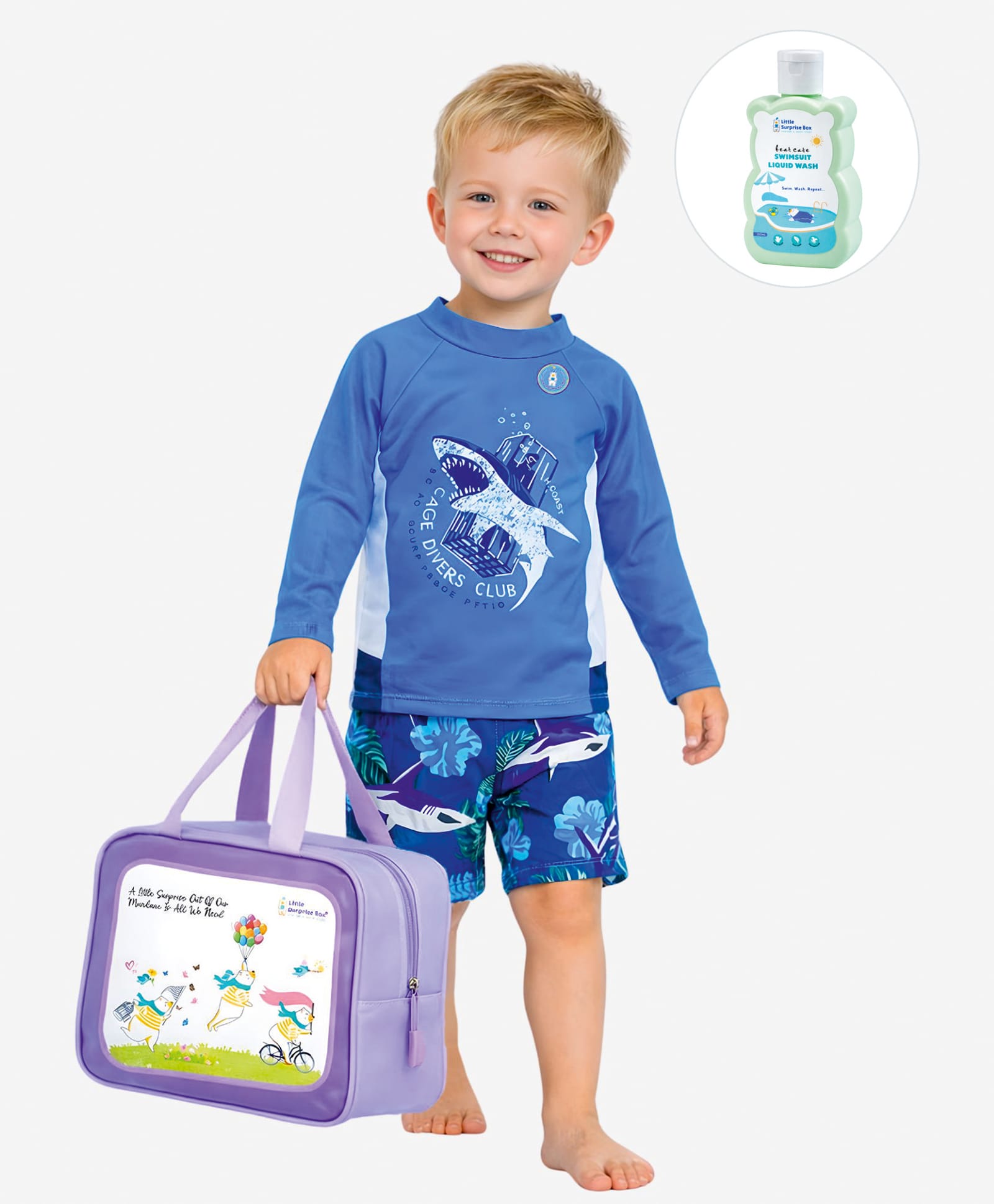 Little Surprise Box Full Raglan Sleeves Shark Printed 2 Piece Swimsuit With Bag & Detergent - Blue-picture-36