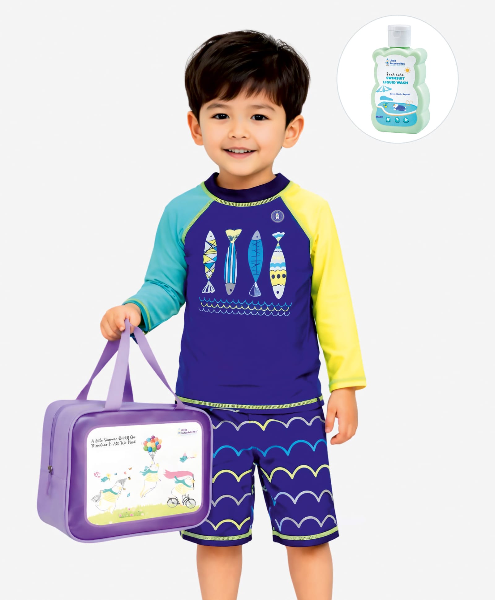 Little Surprise Box Raglan Full Sleeves Sea Life Printed Two Piece Swimsuit With Bag & Detergent - Blue-picture-27