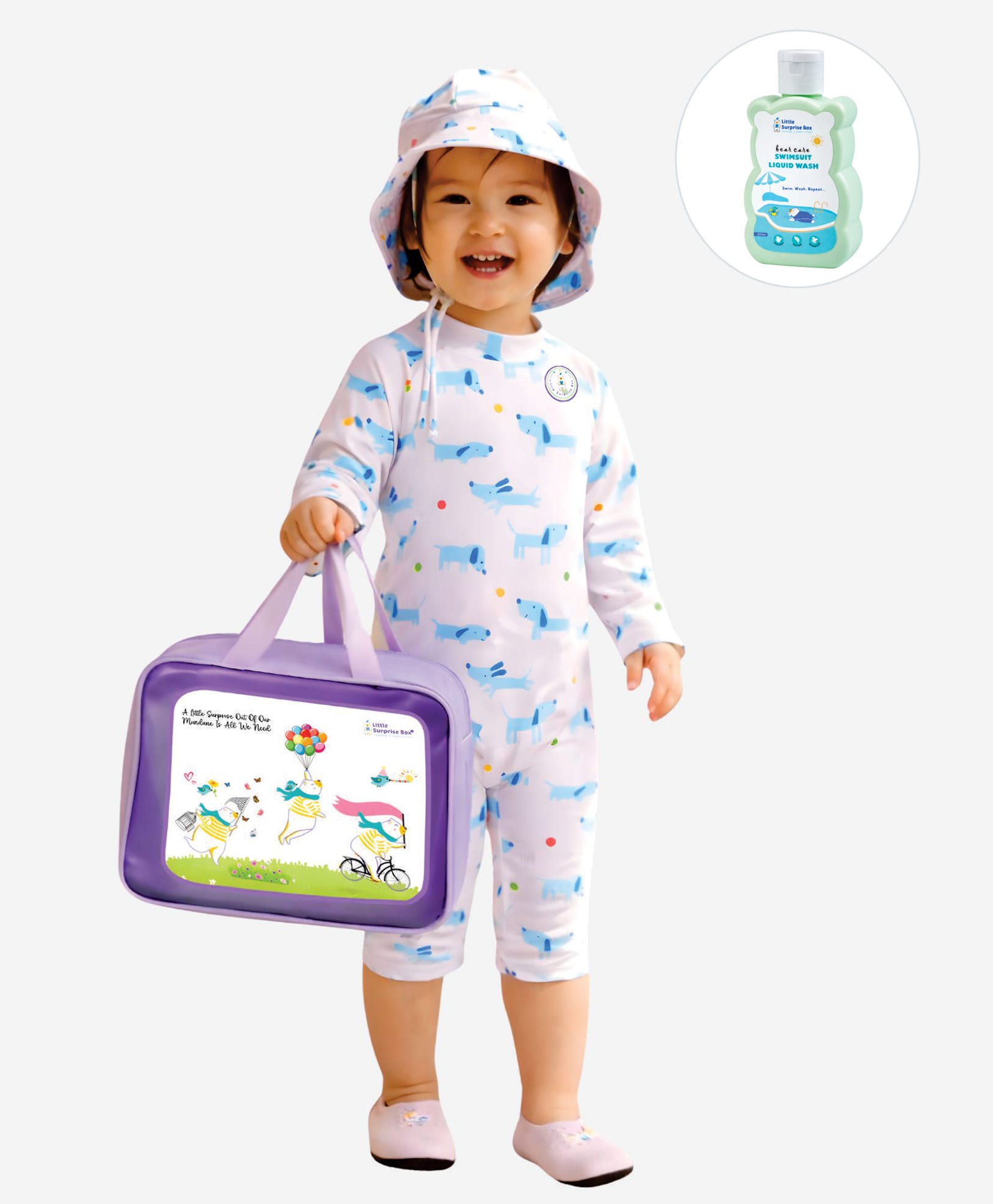 Little Surprise Box Full Raglan Sleeves Dogs Printed Legged Swimsuit With Bag Cap & Detergent - White-picture-21