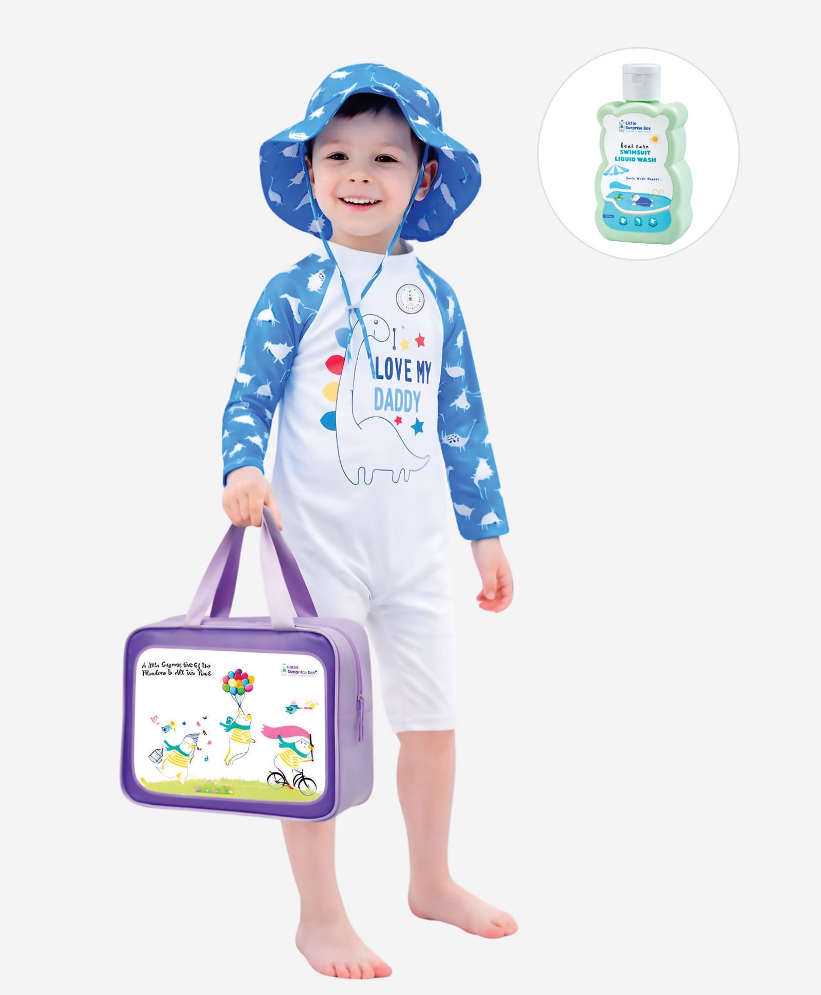 Little Surprise Box Full Raglan Sleeves Dino Printed Legged Swimsuit With Bag & Detergent - Blue-picture-31