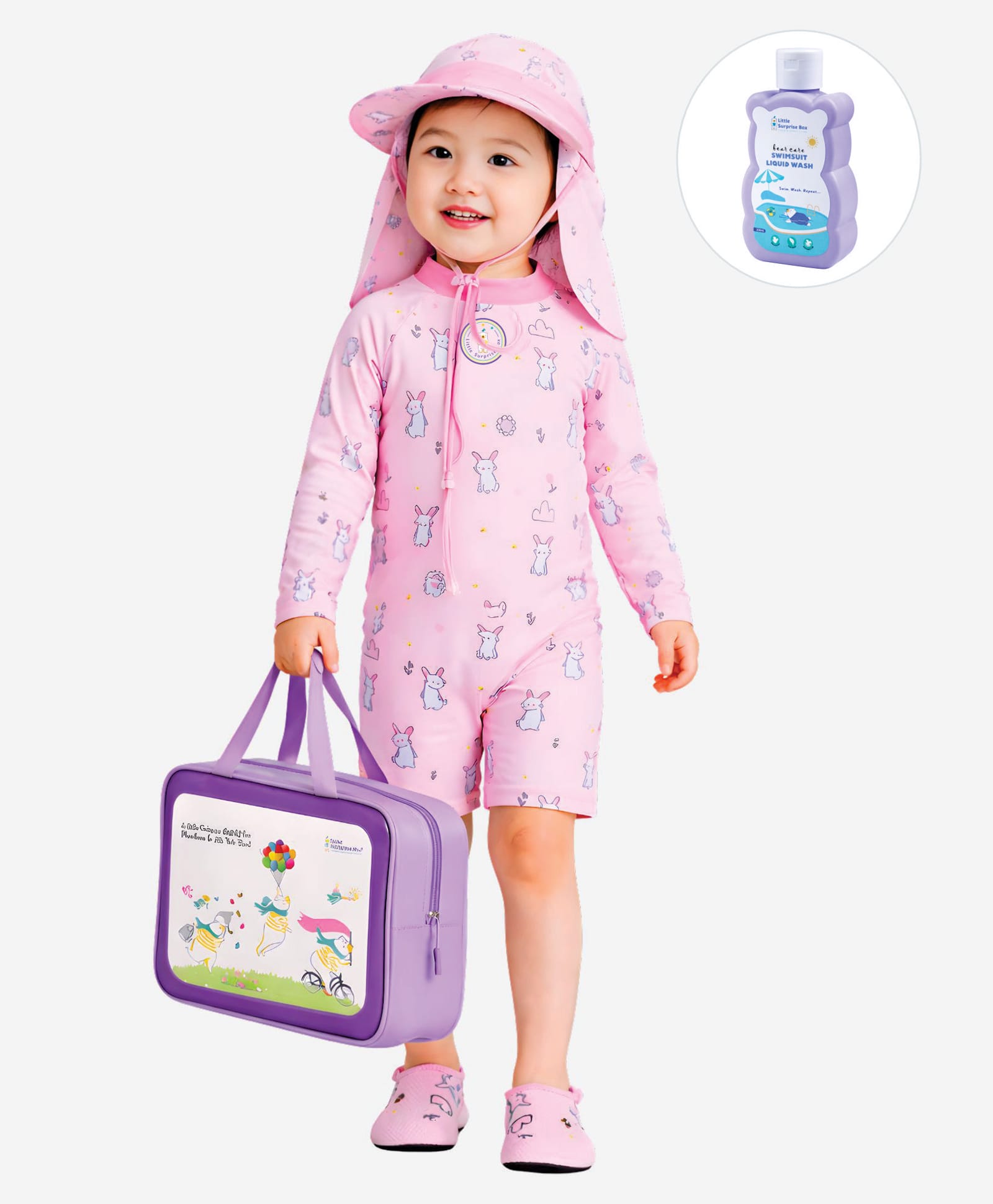 Little Surprise Box Full Sleeves Bunny Printed Swimsuit & Cap Set With Bag & Detergent - Pink-image-13