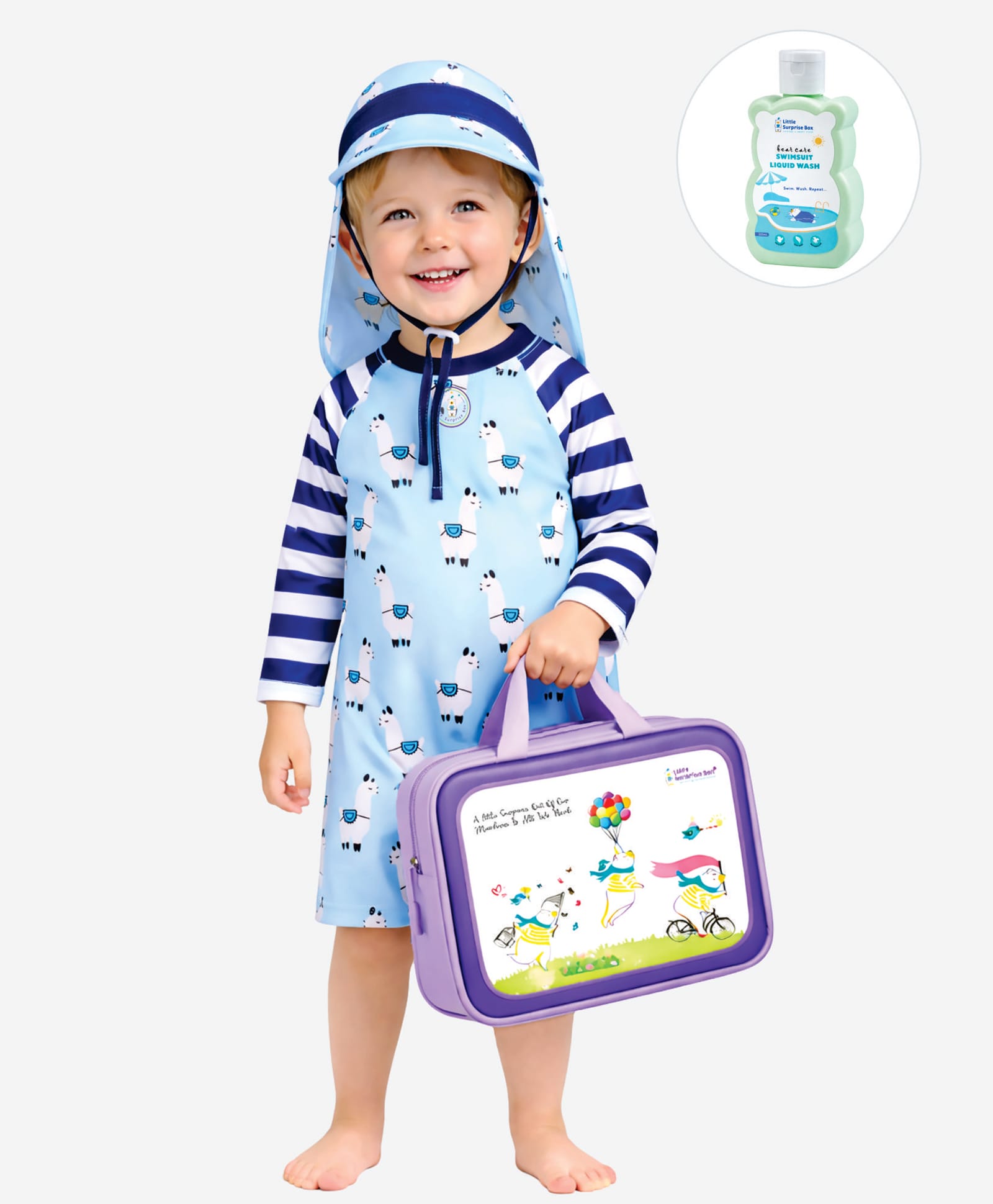Little Surprise Box Full Raglan Sleeves Striped & Llama Printed Swimsuit & Cap Set With Bag & Detergent - Blue-picture-26